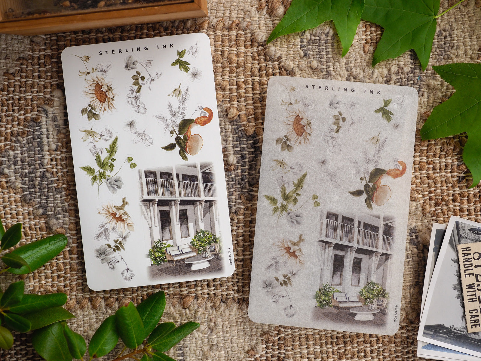Vintage botanical arrangement stickers featuring detailed sketches of wildflowers, greenery, and an elegant illustrated white multi-story building.