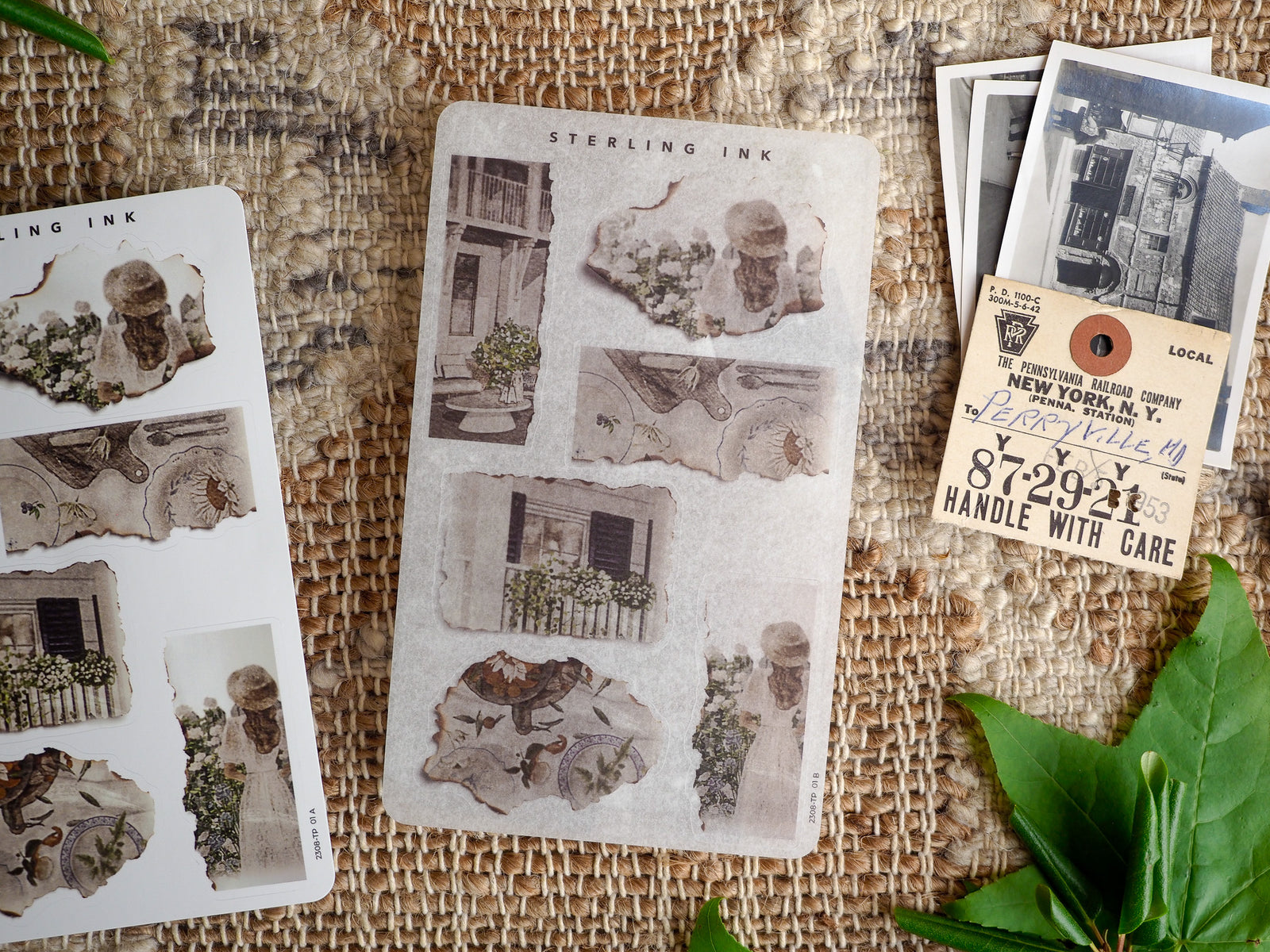 Rich, distressed stickers in sepia tones featuring vintage architectural postcards and historical typography, perfect for journaling or craft embellishment.