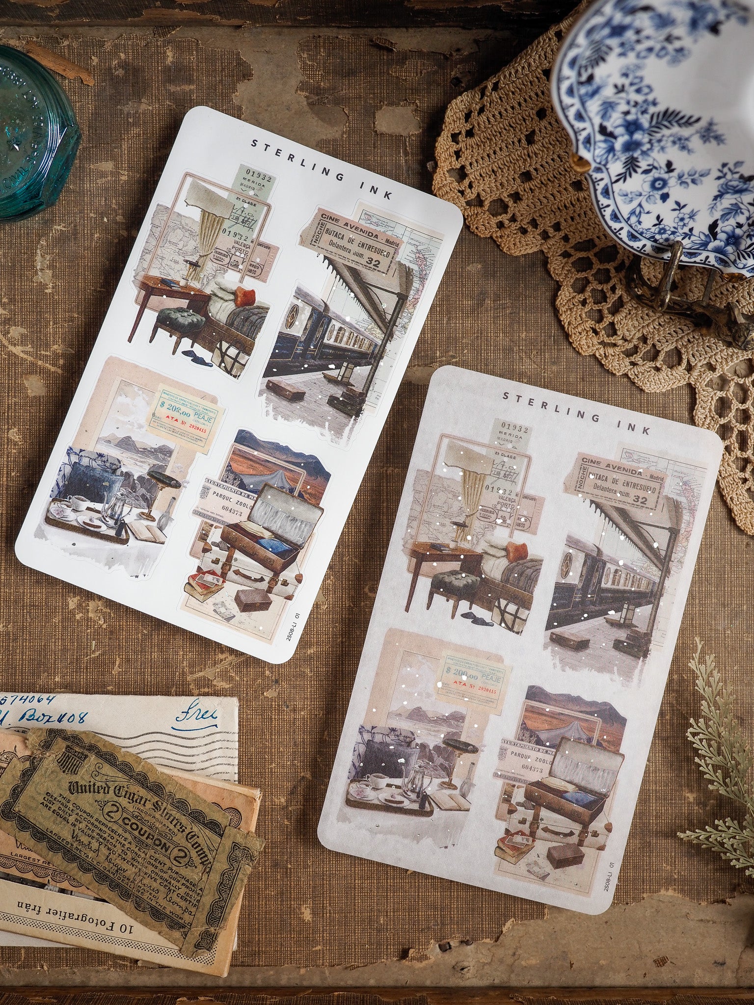 Sepia-toned sticker sheets featuring vintage collage elements, faux antique architectural sketches, and labeled photo transfers for a highly detailed, retro scrapbook look.