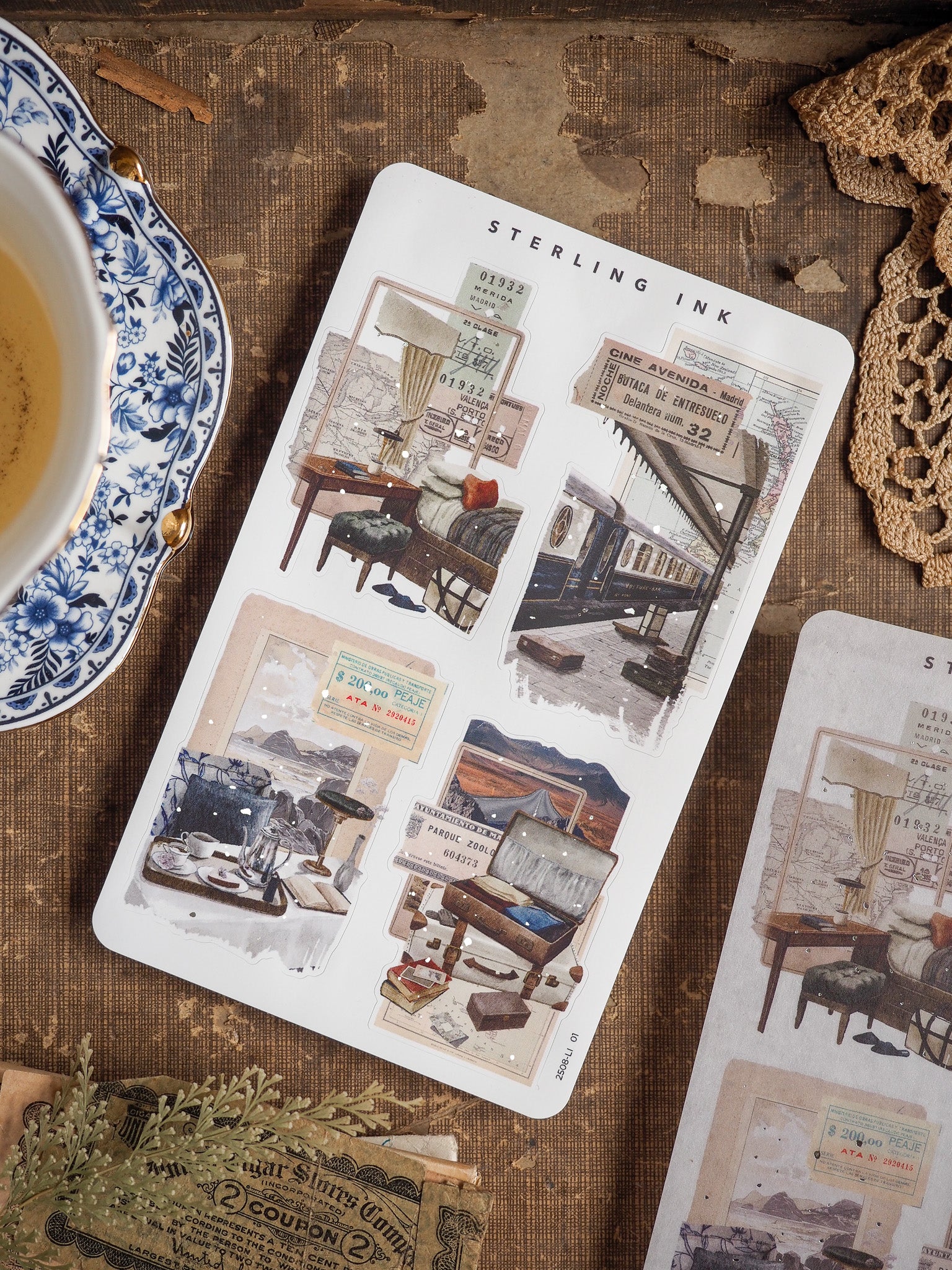 Vintage collage stickers featuring distressed sepia ephemera, faux ticket stubs, and retro archival elements perfect for scrapbooking and journaling.