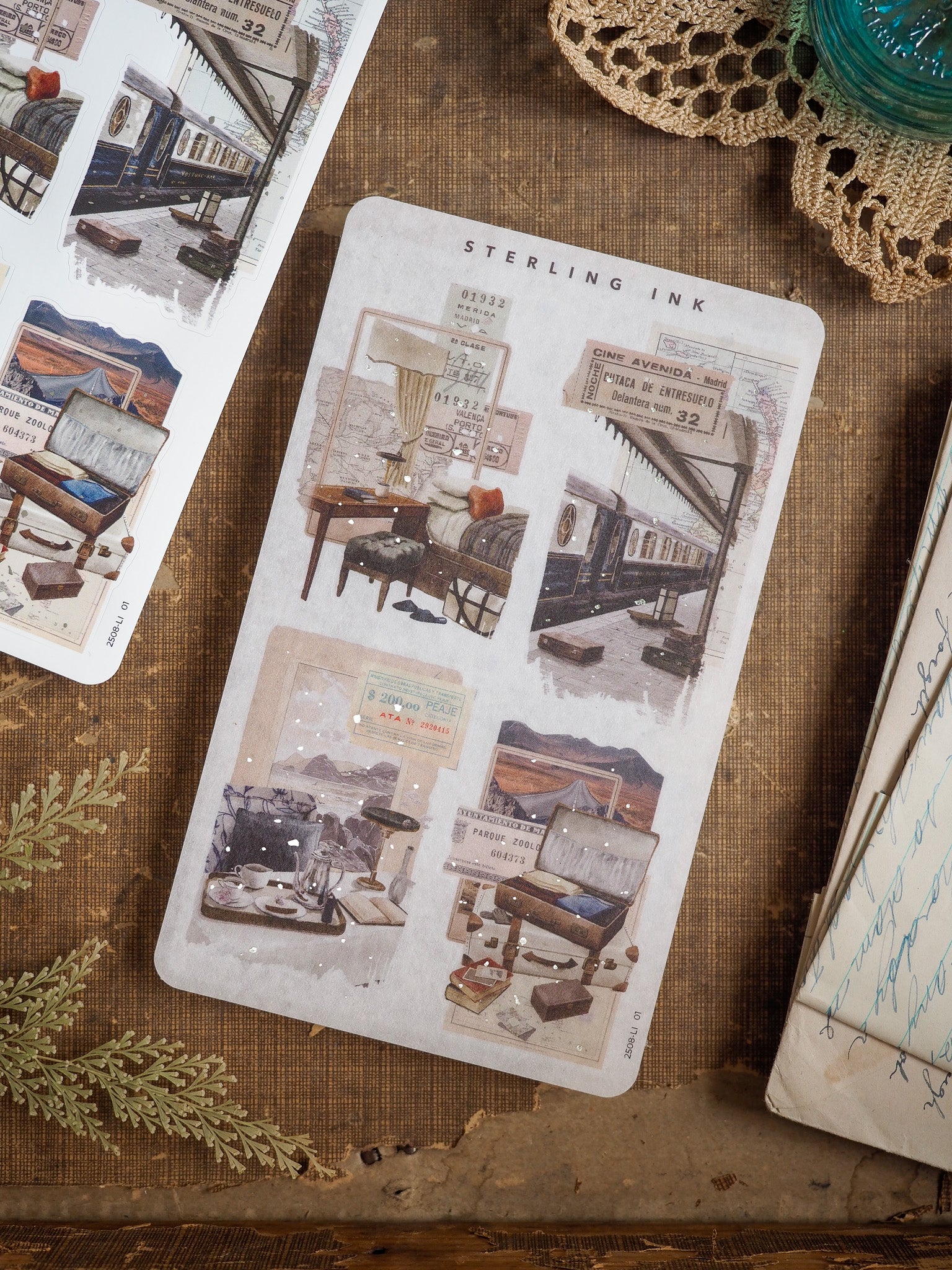 Nostalgic collage stickers with sepia tones, featuring layered vintage ephemera, aged signs, movie tickets, and decorative silver foil accents.