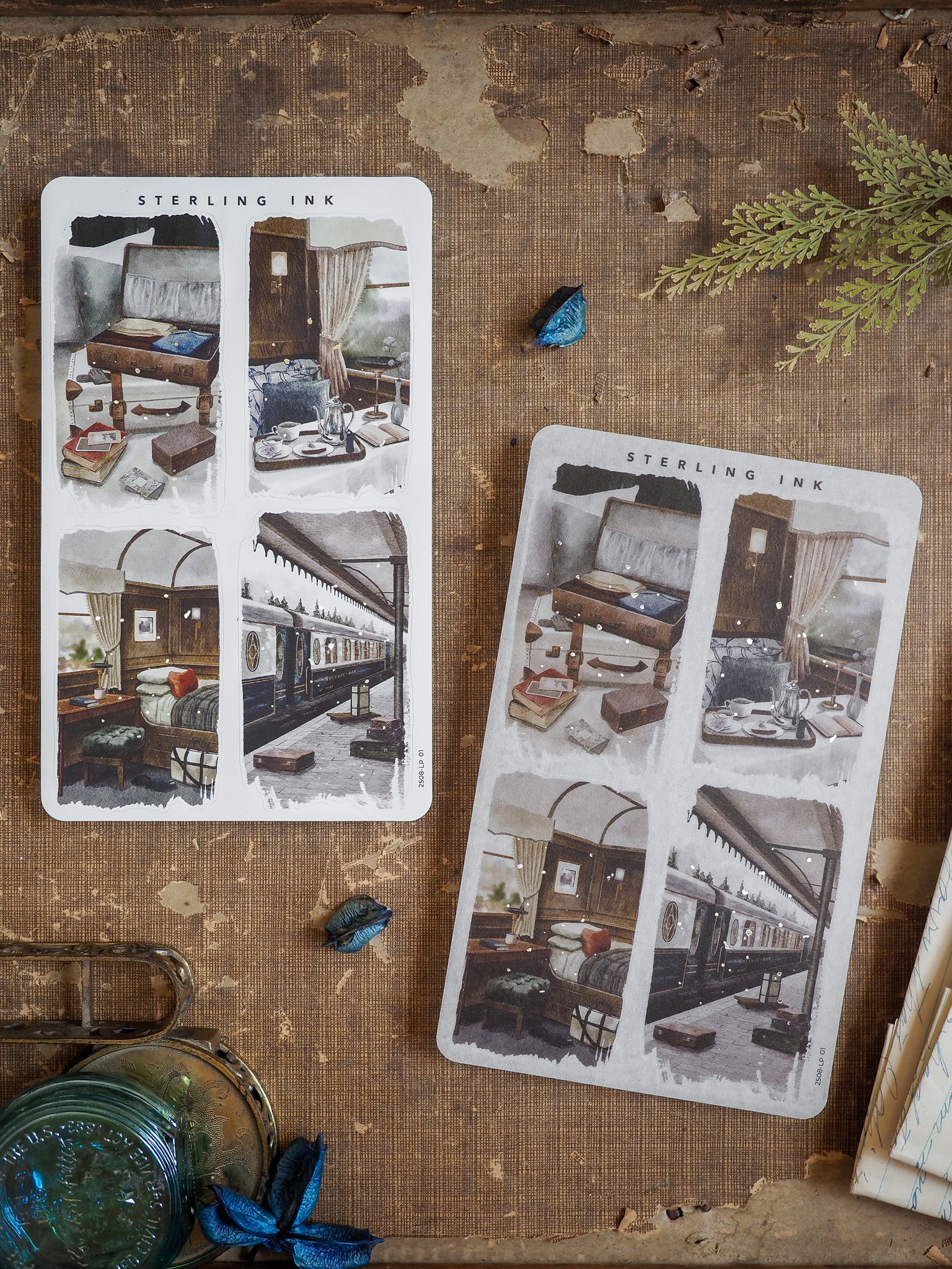 Nostalgic sticker sheets featuring sepia-toned illustrations of elegant vintage train cars and classic Victorian bedroom interiors.
