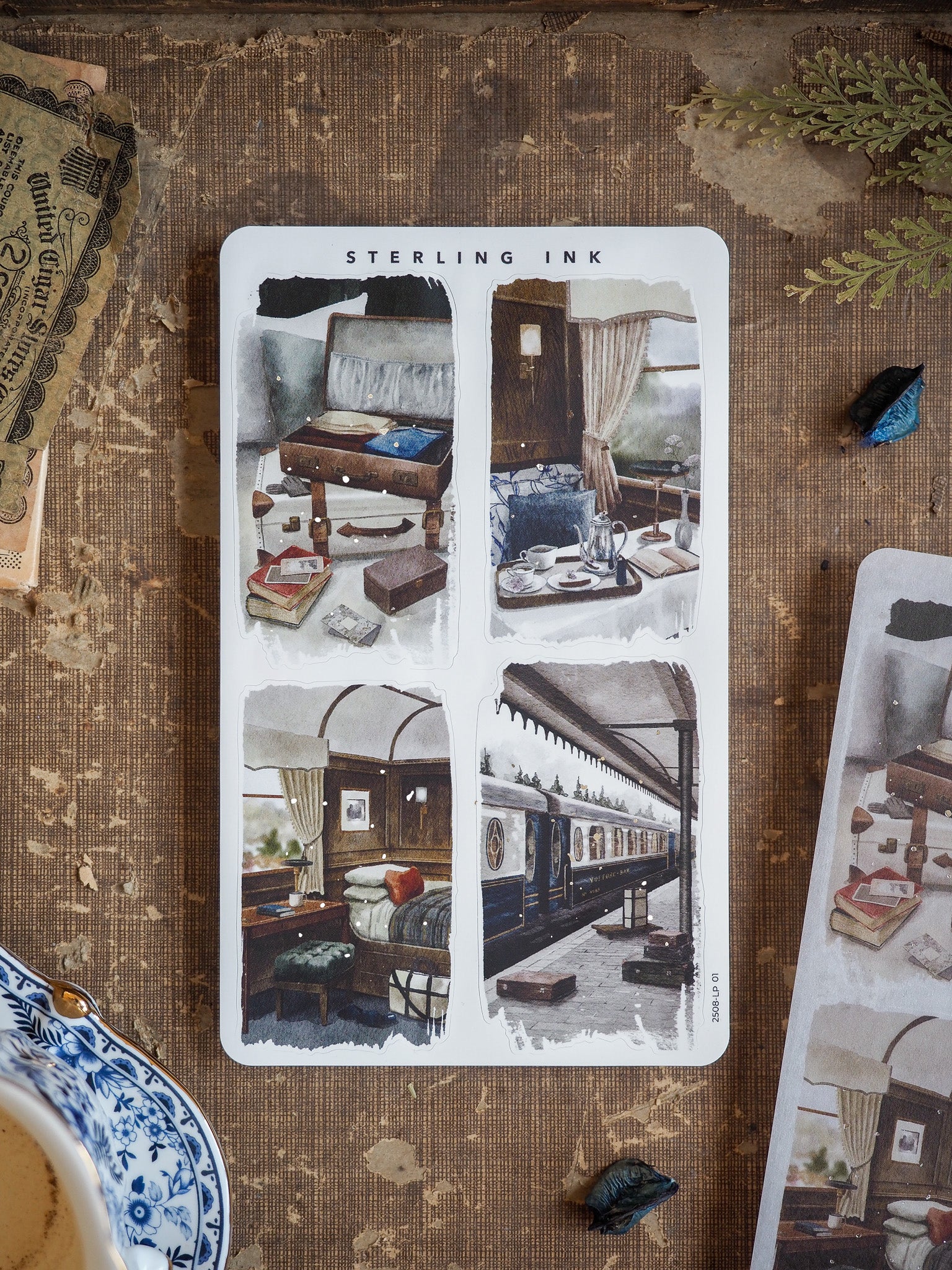 Four vintage illustration stickers featuring black and white antique scenes, including a bedroom, dining room, and steam train, titled "Sterling Ink."