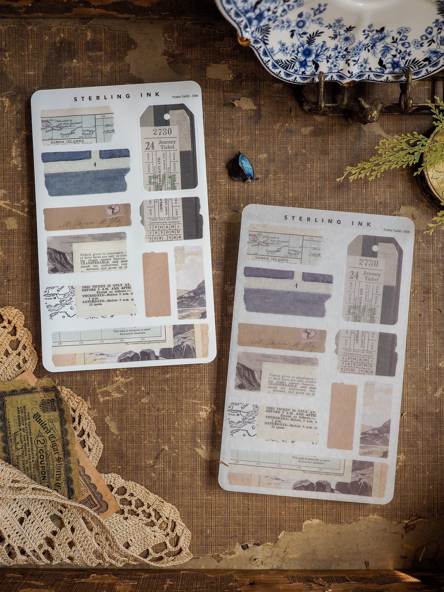 Collection of cream-colored, vintage-themed torn tape stickers designed as perforated railway tickets, perfect for journaling, travel scrapbooking, or crafting accents.