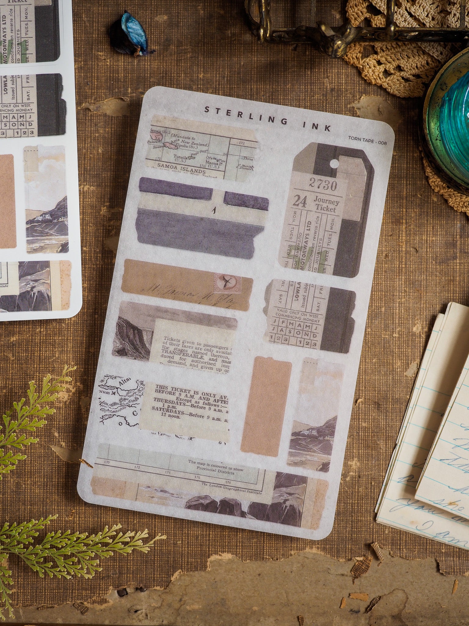 Vintage travel sticker set featuring aged, sepia-toned ticket stubs, postcards, and ephemera with torn edges, perfect for scrapbooking and journaling.