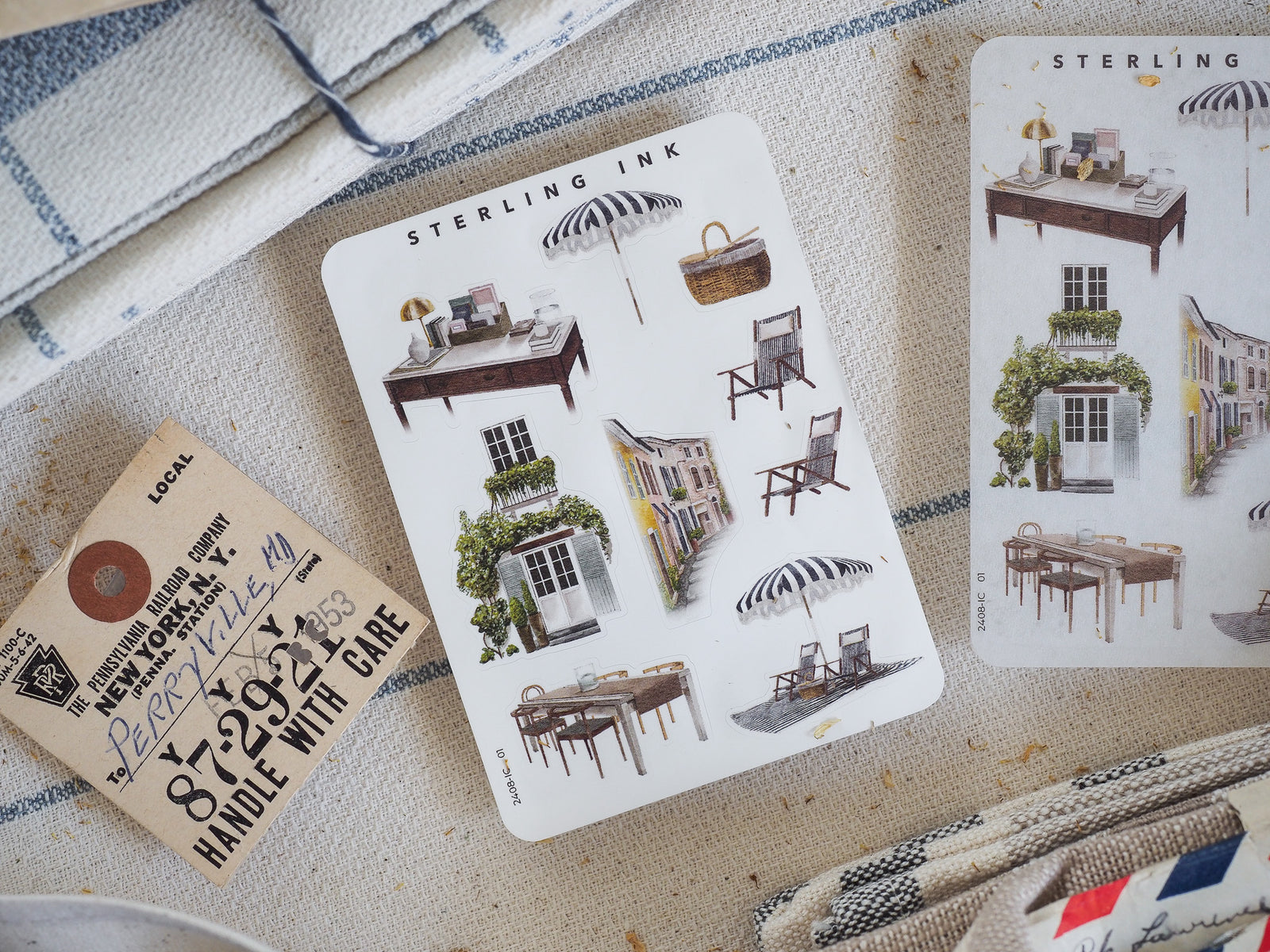 Miniature elements icon sticker sheet featuring detailed black ink illustrations of vintage architecture, outdoor awnings, cozy furniture, and charming domestic scenes.