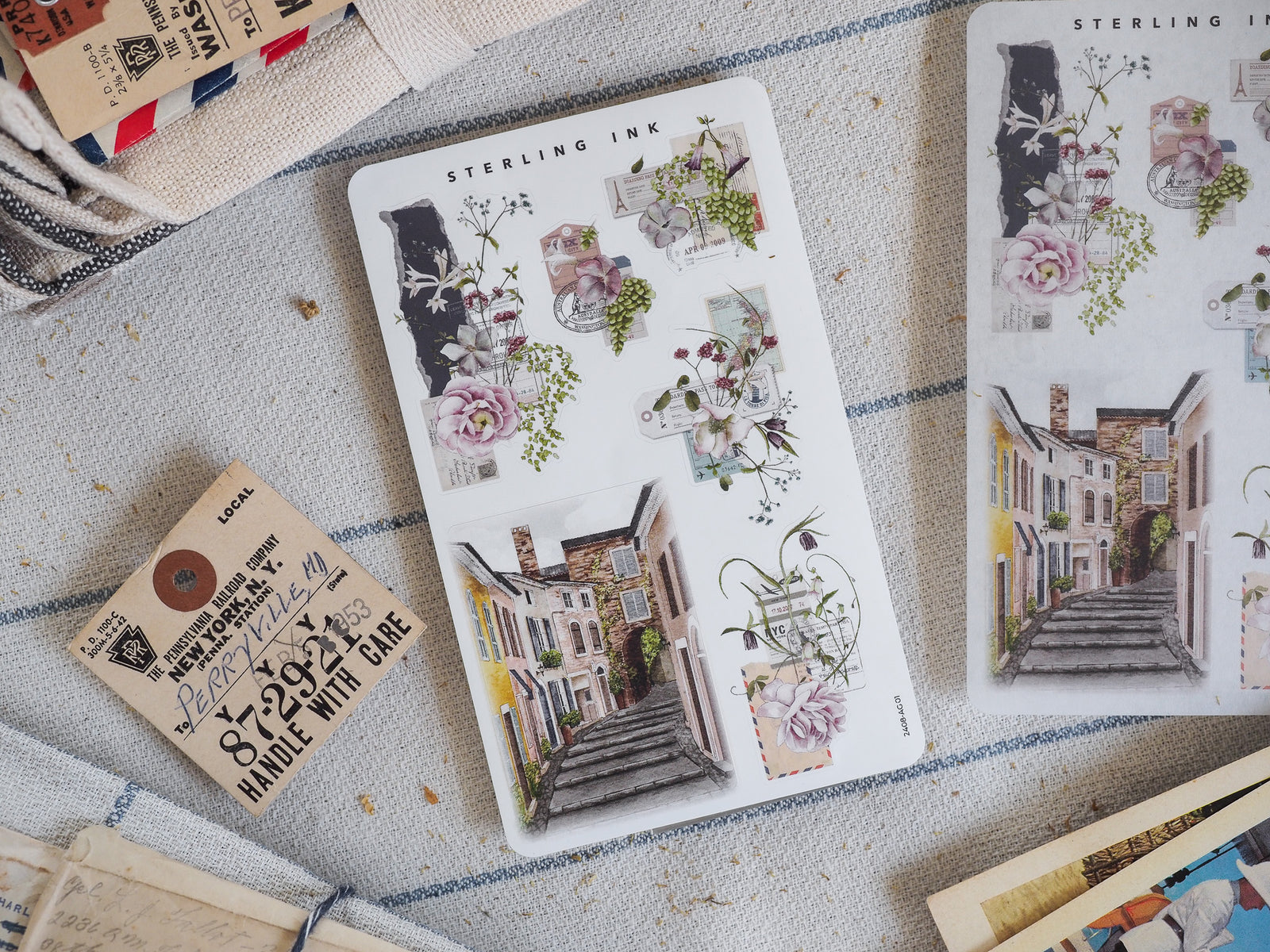 Detailed arrangement stickers for August 2024, featuring vintage florals, sepia-toned postcards, and charming Parisian streetscapes in soft, antique colors.