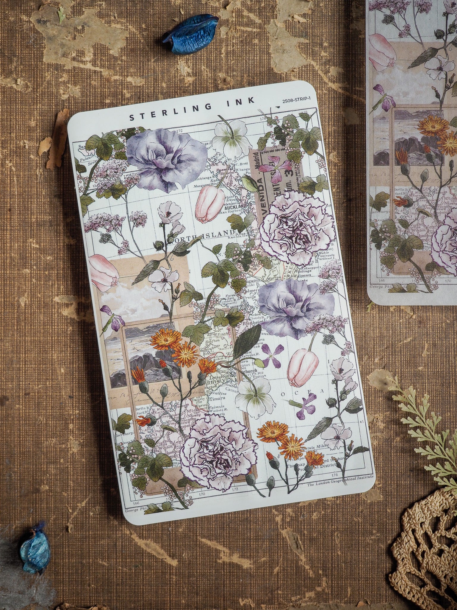 Elegant sticker sheet combining vintage map elements with lush, watercolor botanical illustrations of purple and blush flowers.