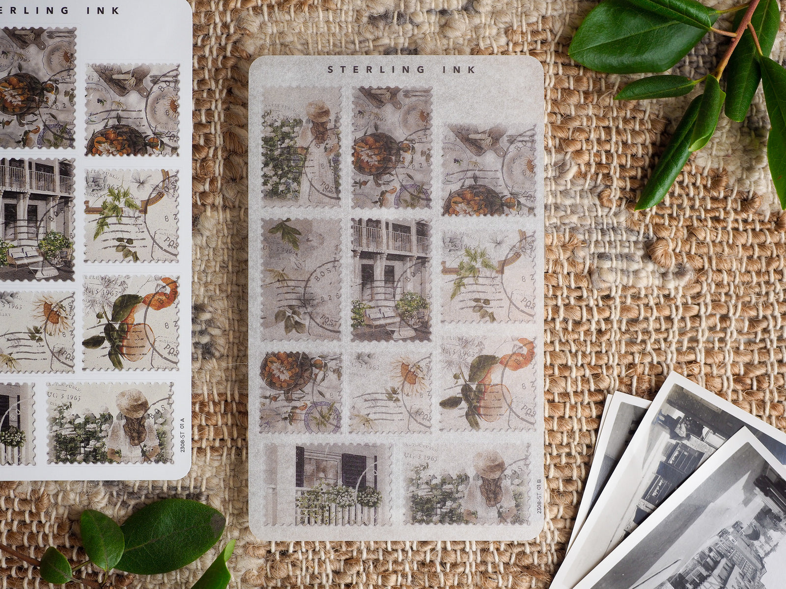Vintage postage stamp stickers featuring a grid of delicate sepia-toned illustrations, including architectural sketches, historical buildings, and natural motifs.
