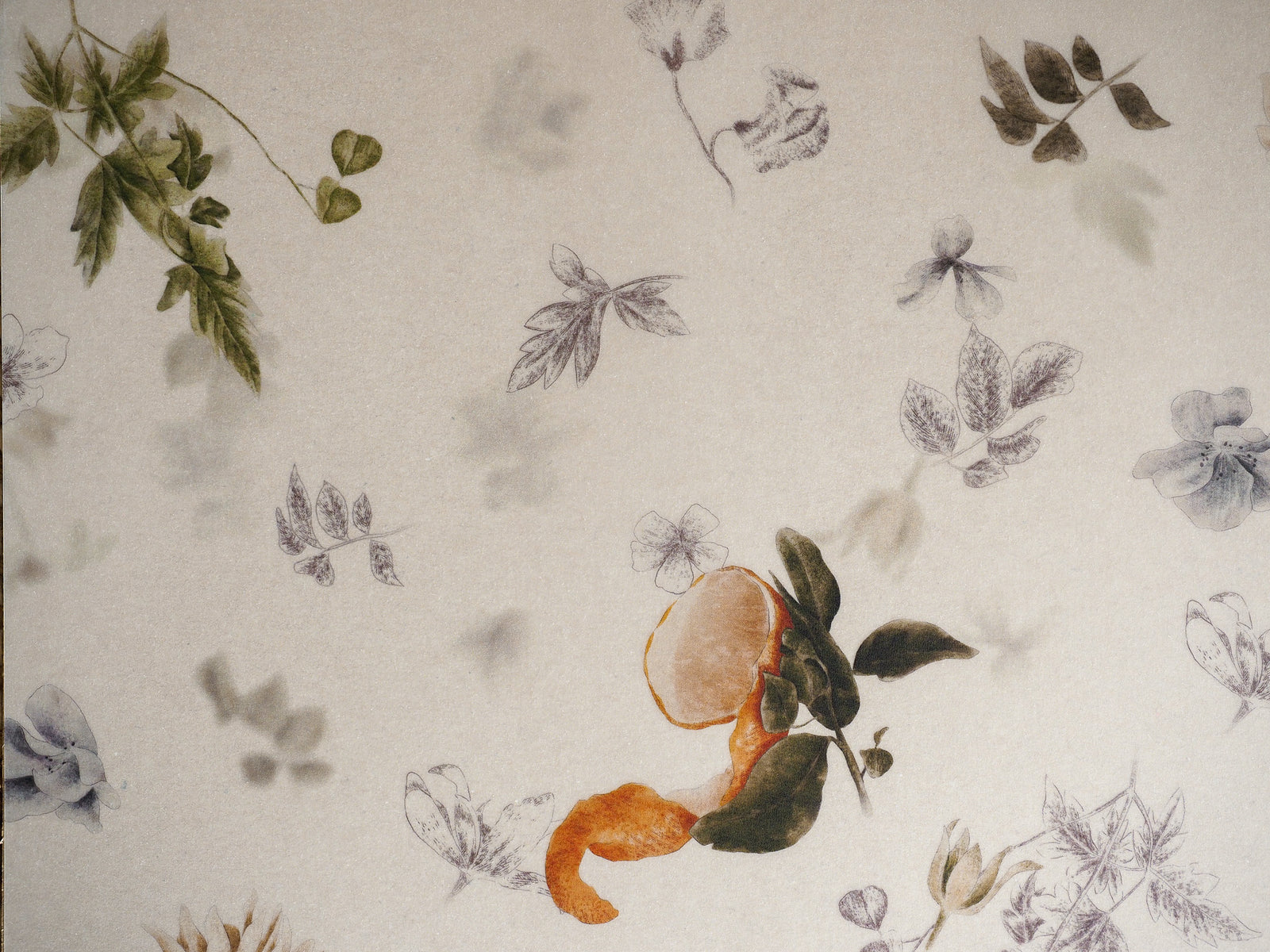 Delicate botanical pattern featuring scattered watercolor illustrations of green leaves, stems, and soft blooming flowers on a creamy, vintage background.