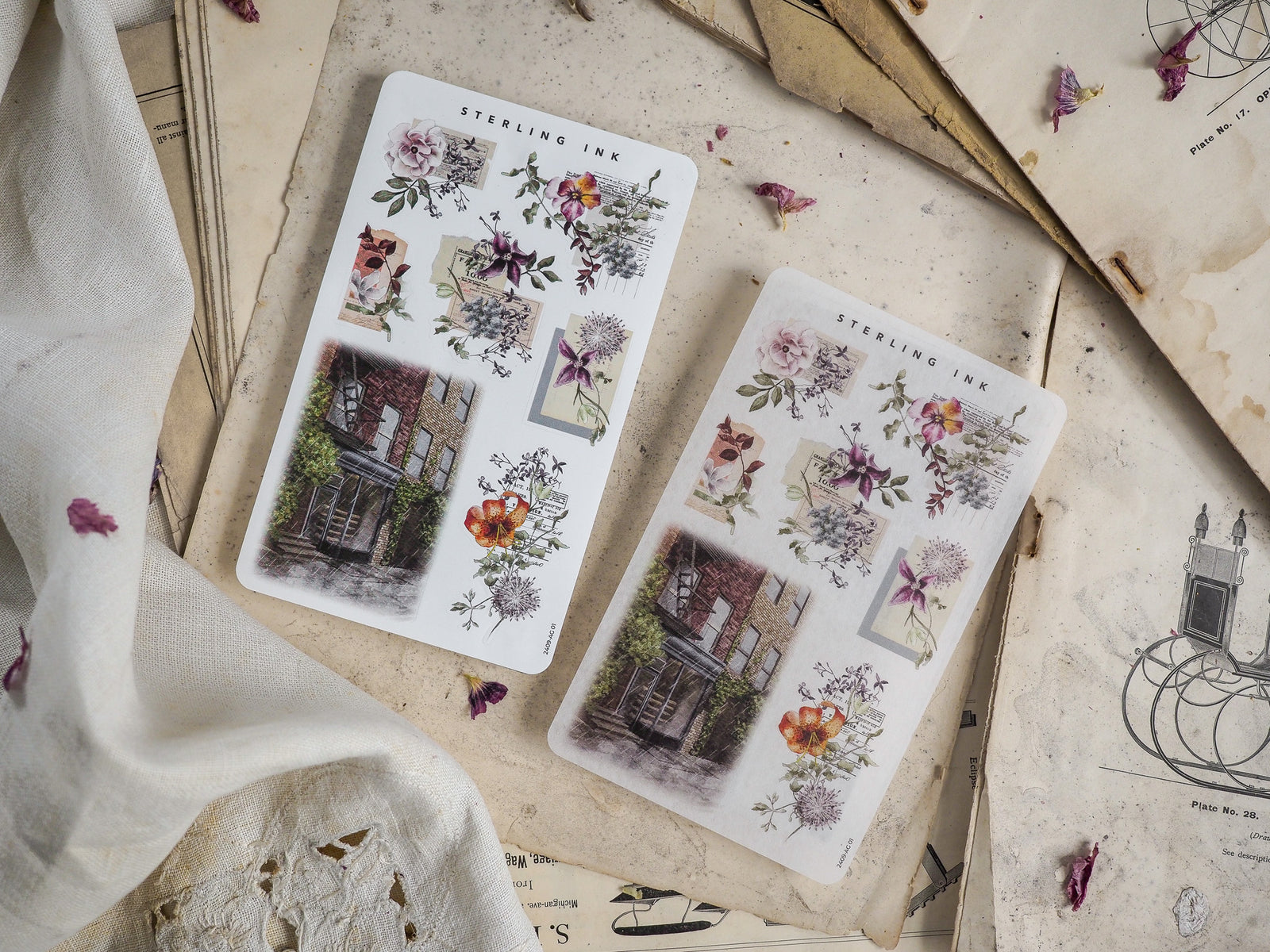 Sheet of "Arrangement Stickers - September 2024" featuring a blend of pale botanical illustrations, detailed floral clusters, and vintage brick building sketches.