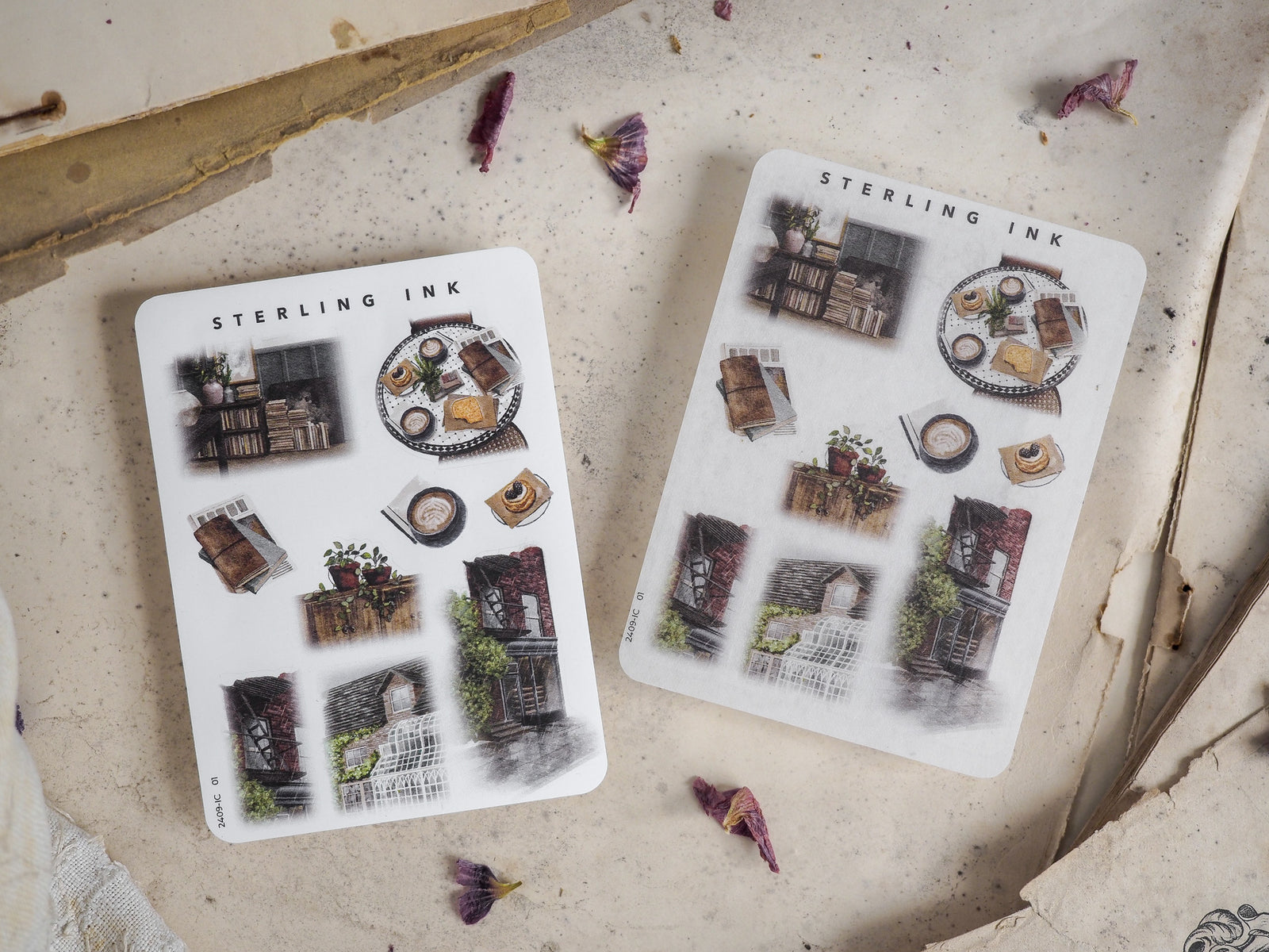 Monochromatic icon sticker sheets featuring a curated collection of miniature elements, including vintage architecture, bookshelves, clocks, and decorative household items.