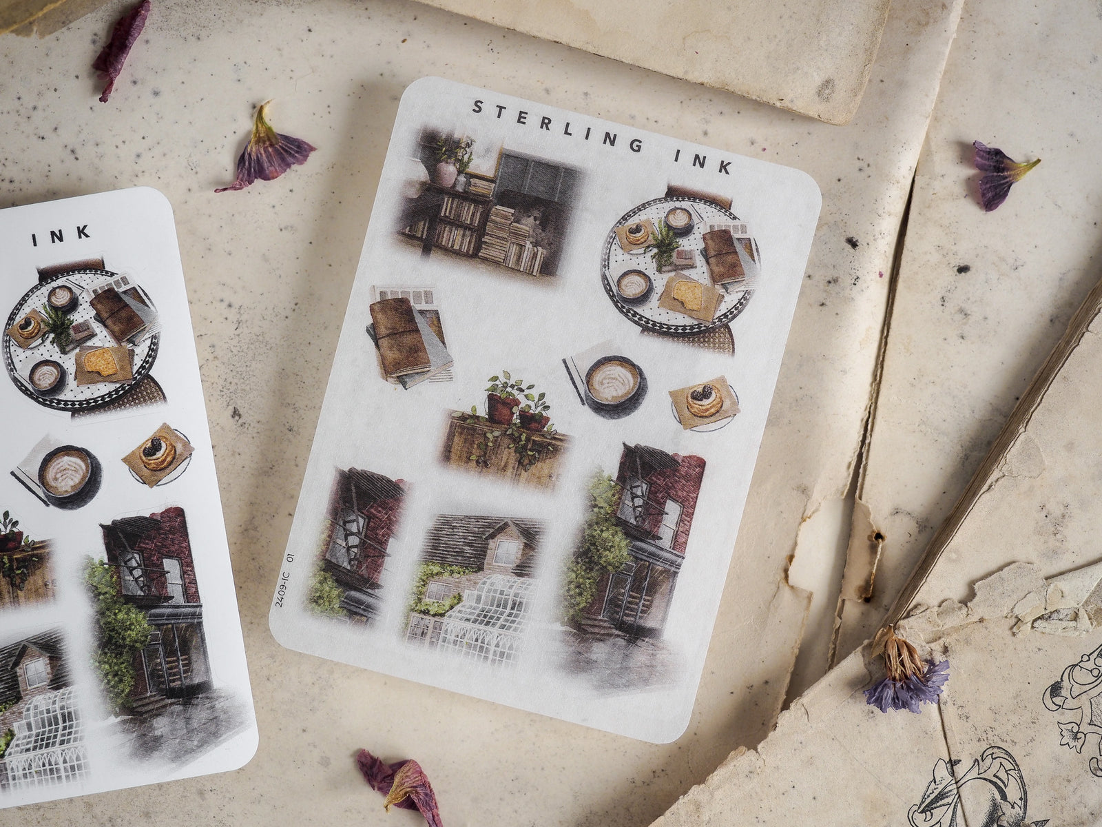 Monochromatic sheets of vintage elements featuring detailed miniature houses, ornate windows, and seasonal architectural motifs for crafting and planning.
