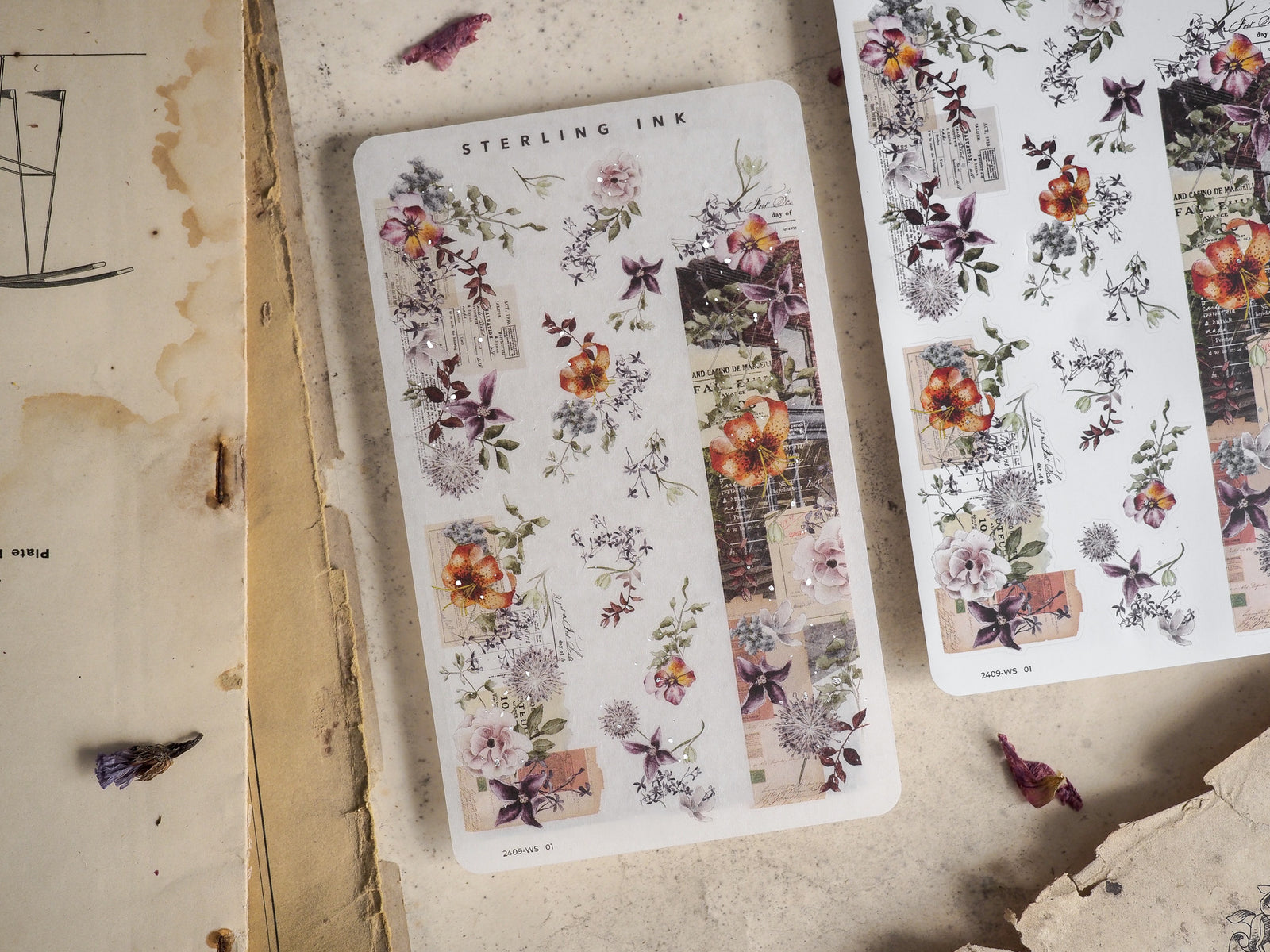 Vintage washi sticker assortment with detailed botanical stickers, incorporating muted floral motifs and distressed text designs perfect for journaling and scrapbooking.