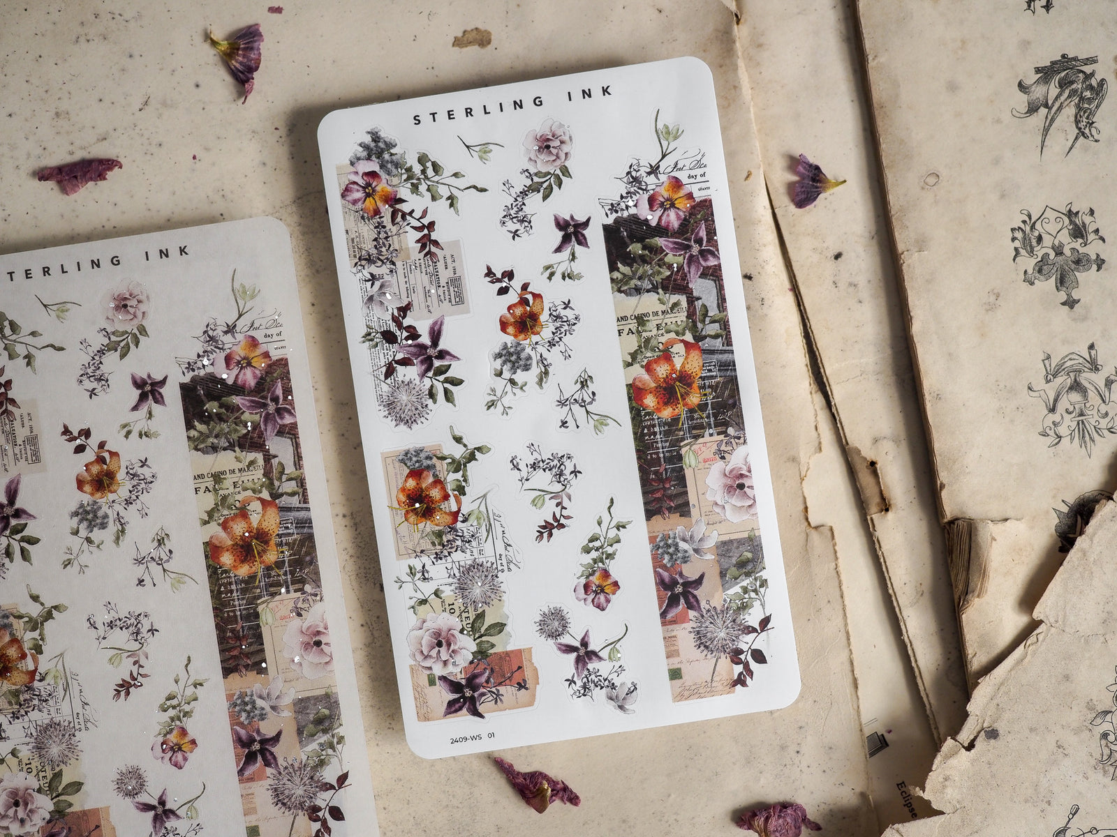 Collage sticker strip featuring richly colored autumn florals, vintage ephemera, and distressed lettering perfect for fall journaling or September planning.