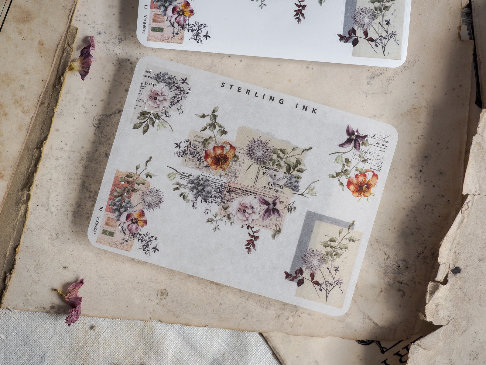 Elegant sticker set featuring lush watercolor florals, diverse botanical arrangements, and vintage calligraphy on white cardstock.