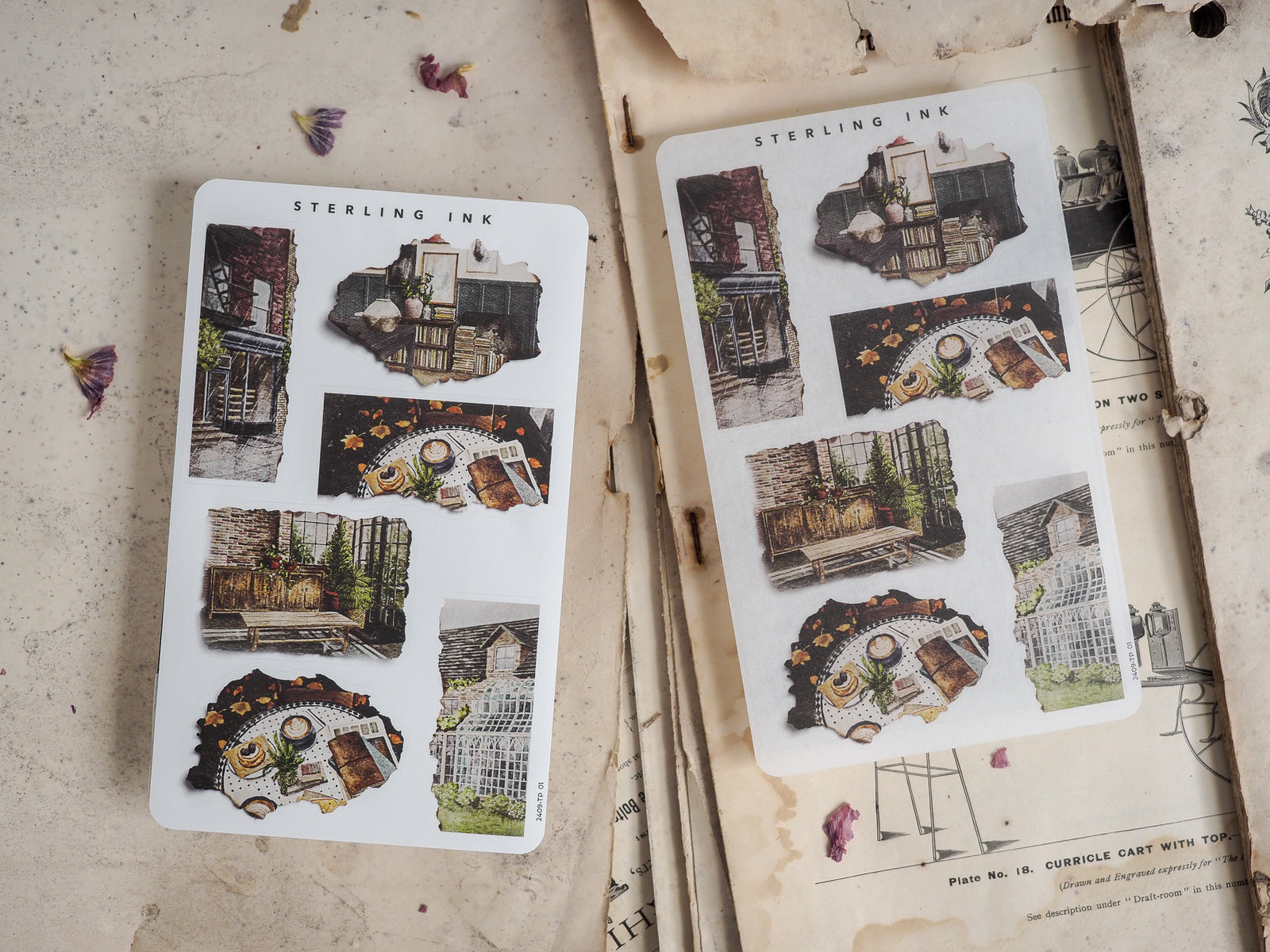 Collection of distressed sepia stickers featuring vintage architectural illustrations of aged windows, ornate facades, and rustic building details.