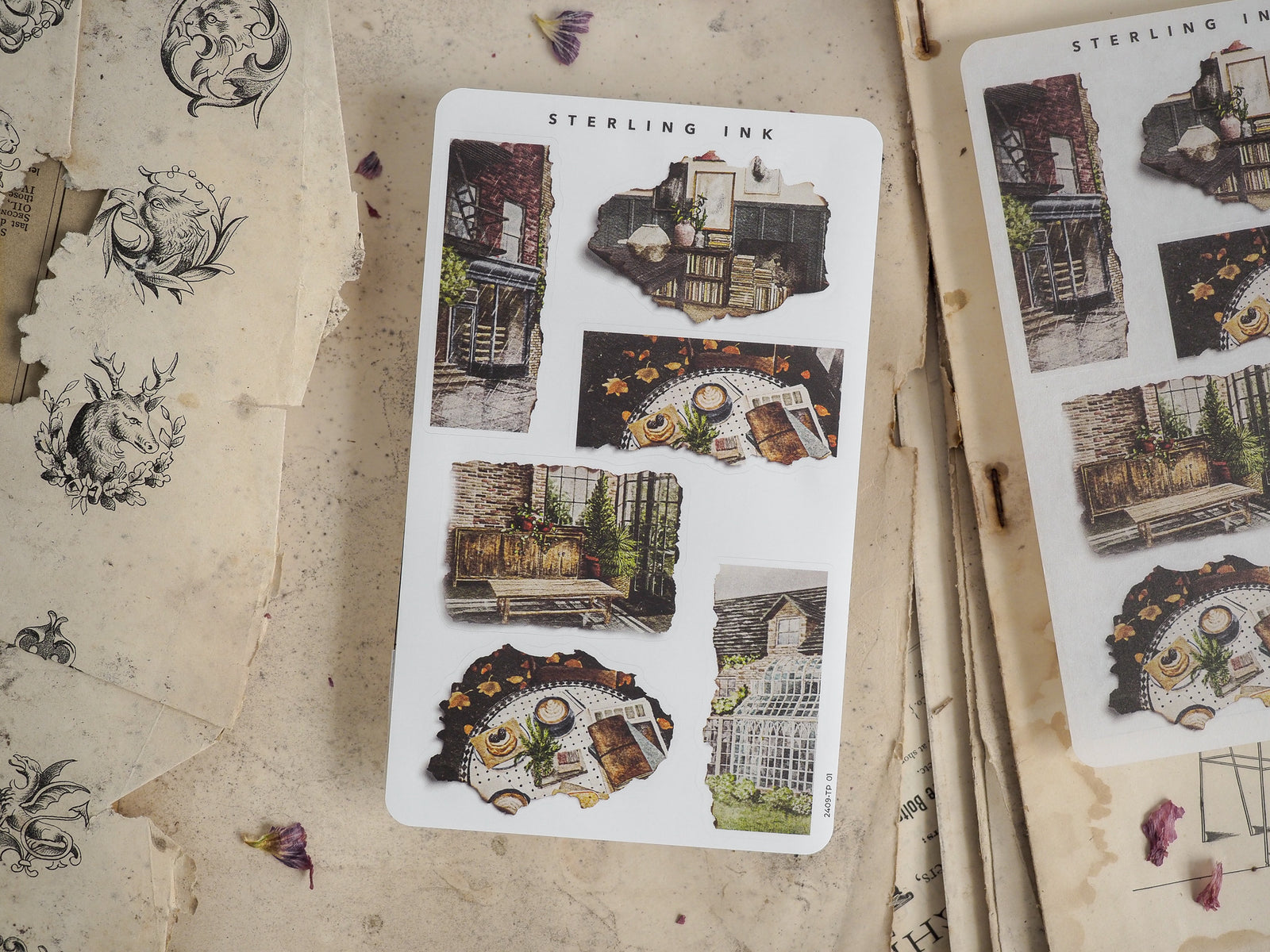 Seasonal "Torn Paper Stickers" for September 2024, showcasing rustic autumnal themes like vintage decaying architecture and decorative harvest vignettes.