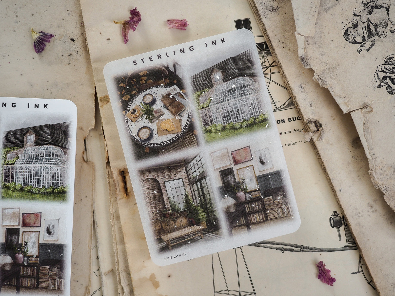 Large sticker illustration set featuring detailed vintage designs of charming storefronts and rustic, seasonal table arrangements.