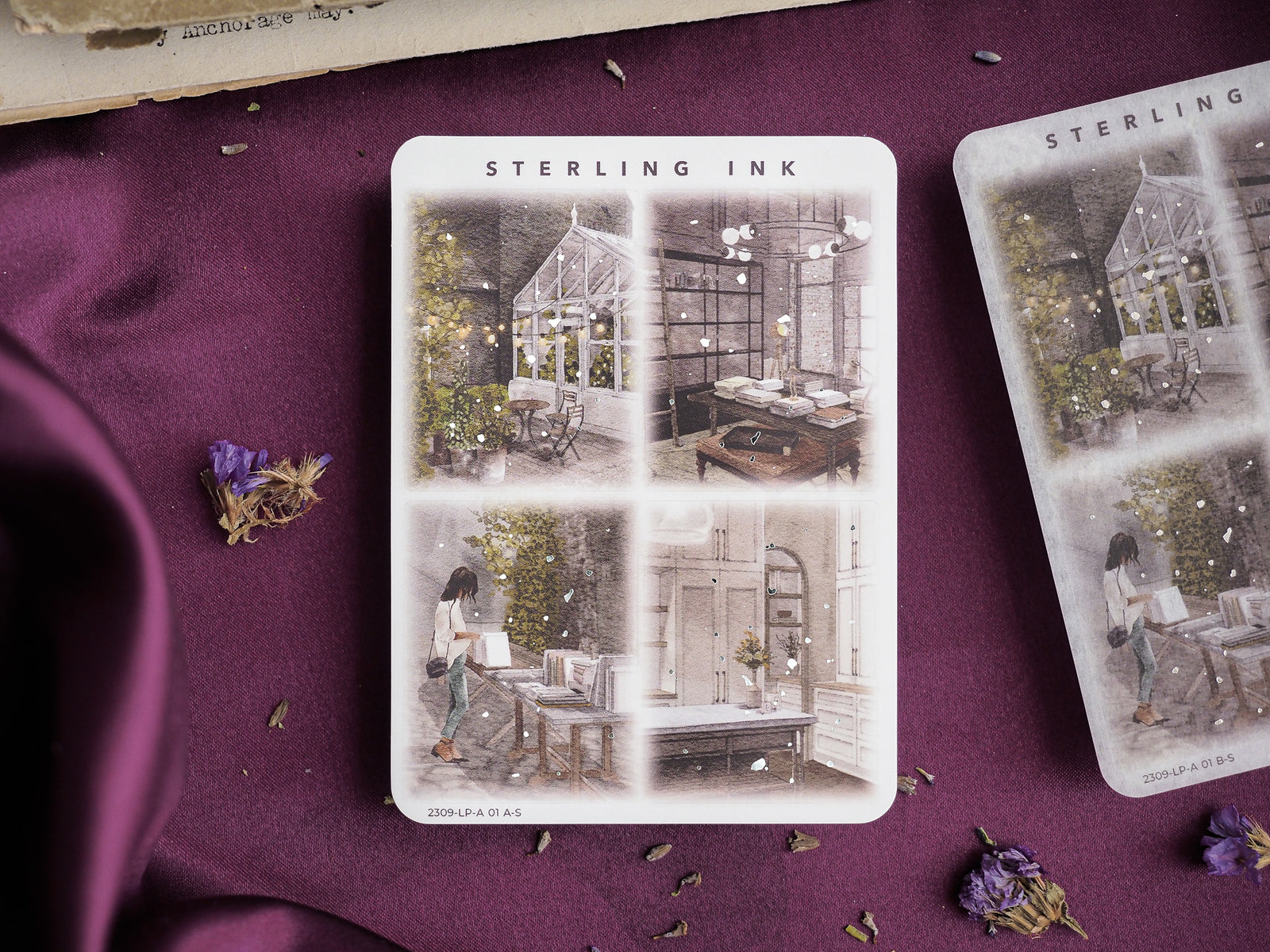 Vintage architectural illustration stickers set featuring charming greenhouse designs and detailed vignettes of historic interior rooms.