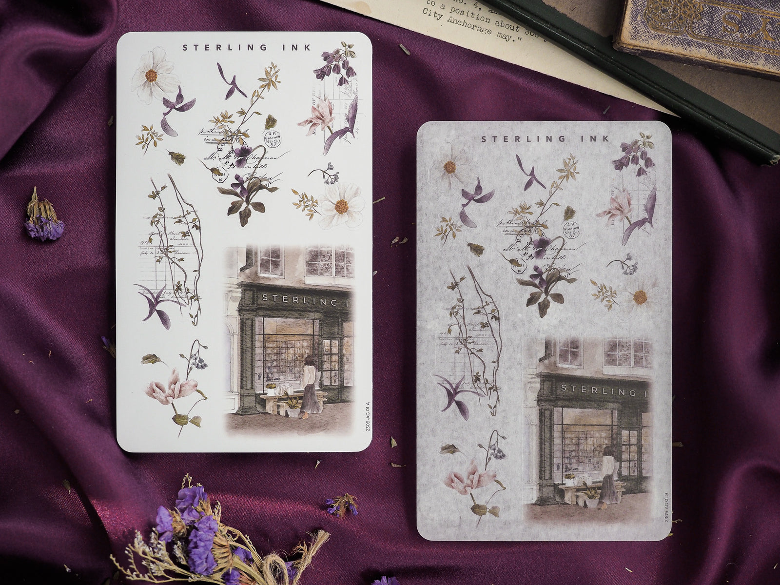 Vintage botanical arrangement stickers featuring delicate watercolor illustrations of flowers and detailed sepia-toned antique storefront architecture.
