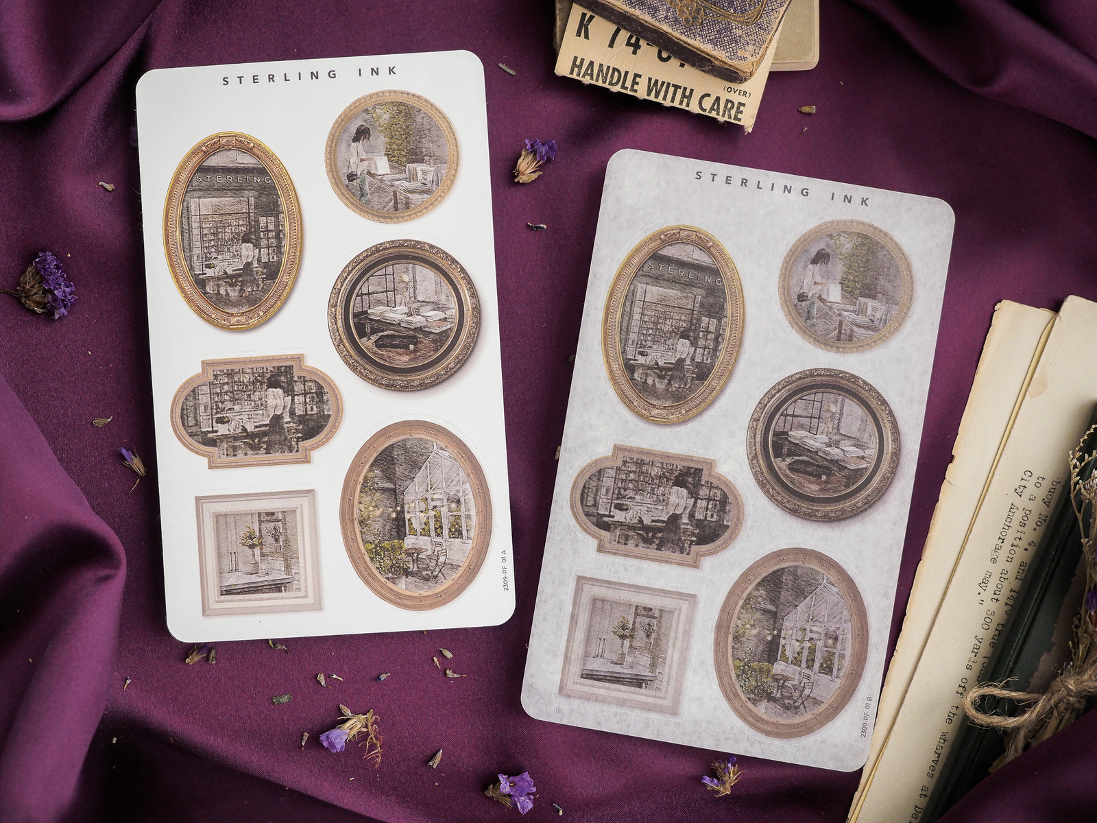 Assorted set of "Picture Frame Stickers - September 2023" featuring various antique-style, framed illustrations in oval and rectangular designs for journaling and crafting.