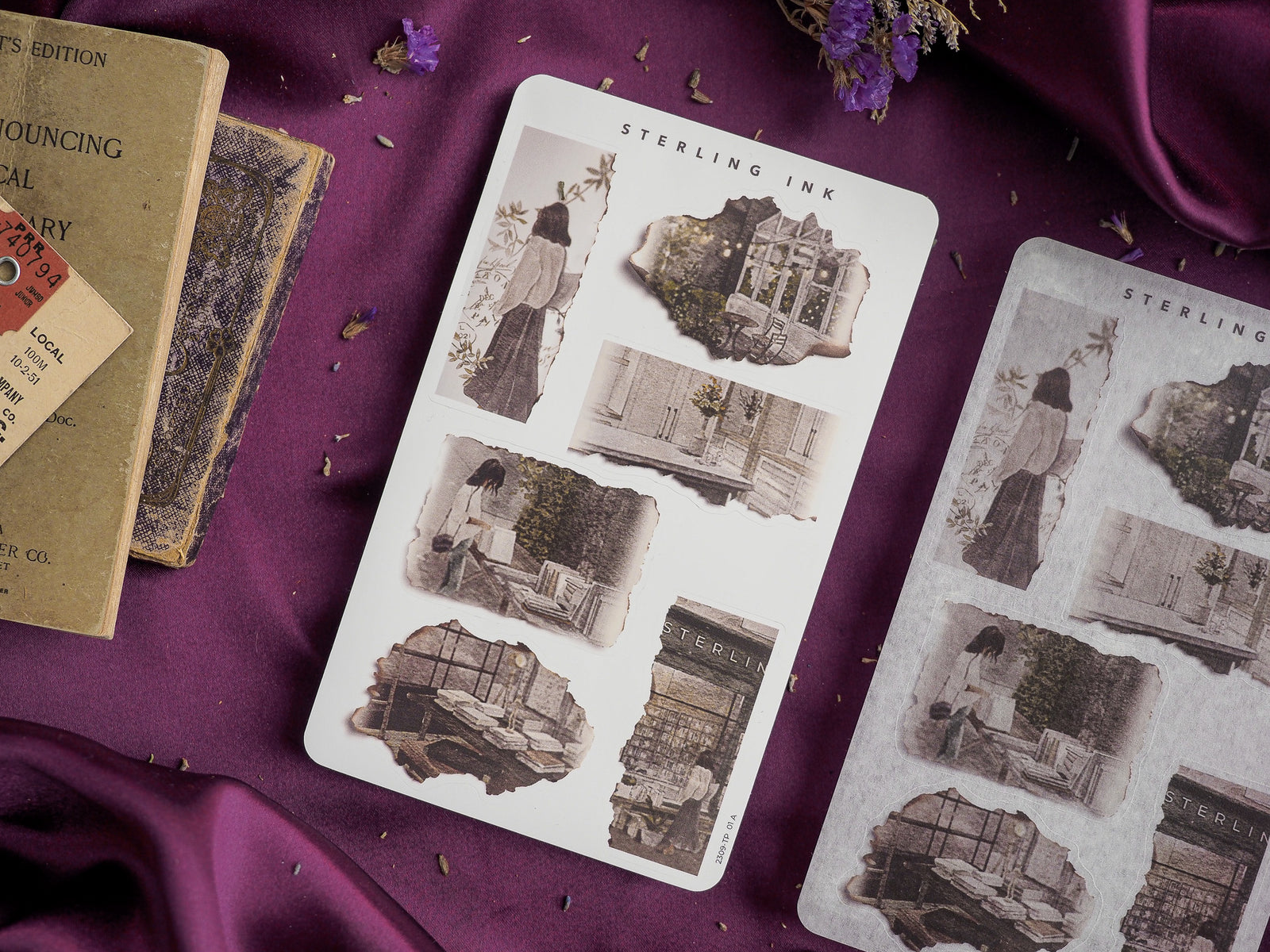 Vintage-themed set of torn paper stickers featuring distressed, sepia-toned images of antique architecture and buildings, perfect for journaling and crafting.