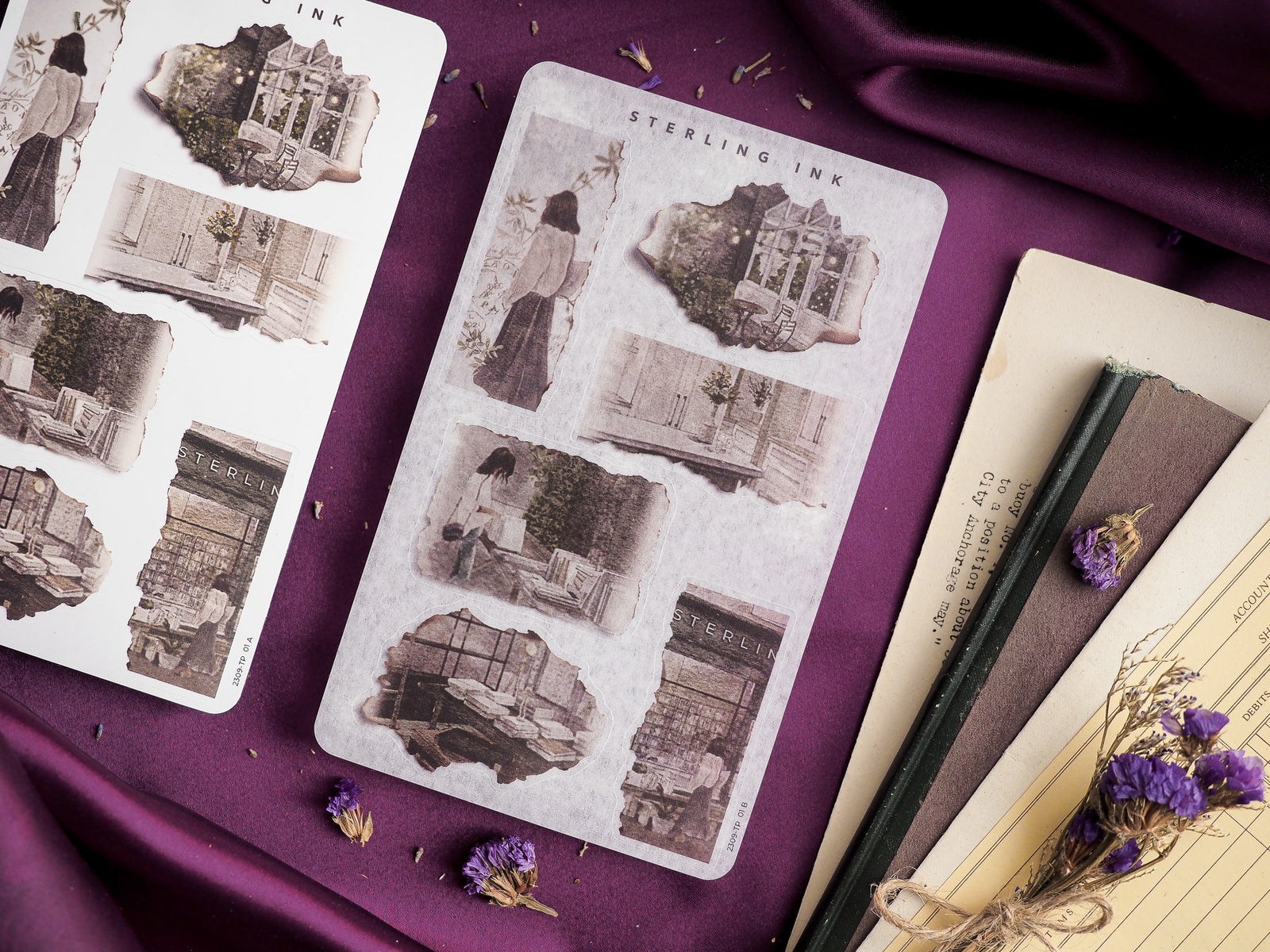 Vintage torn paper sticker sheets featuring sepia-toned illustrations of classic architecture and historical scenes under the "Sterling Ink" theme.