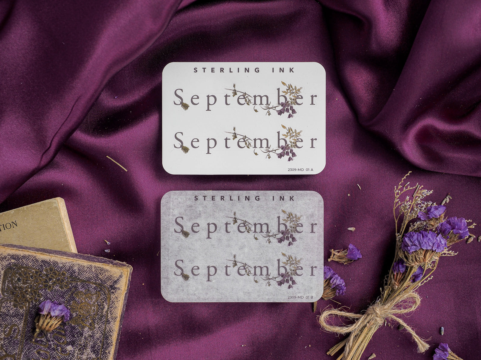 Elegant September month sticker featuring botanical drawings of berries and foliage in deep purples and muted greens, perfect for seasonal journaling.