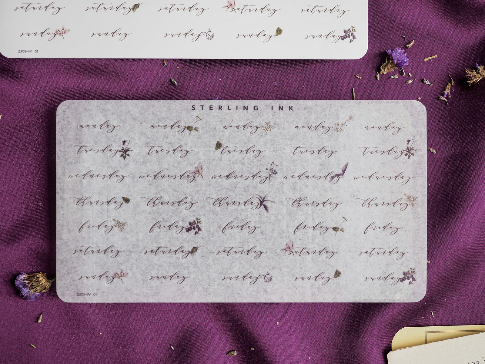 Decorative sticker sheets featuring flowing, elegant calligraphy of weekdays and dates for September 2023 printed on creamy off-white paper.