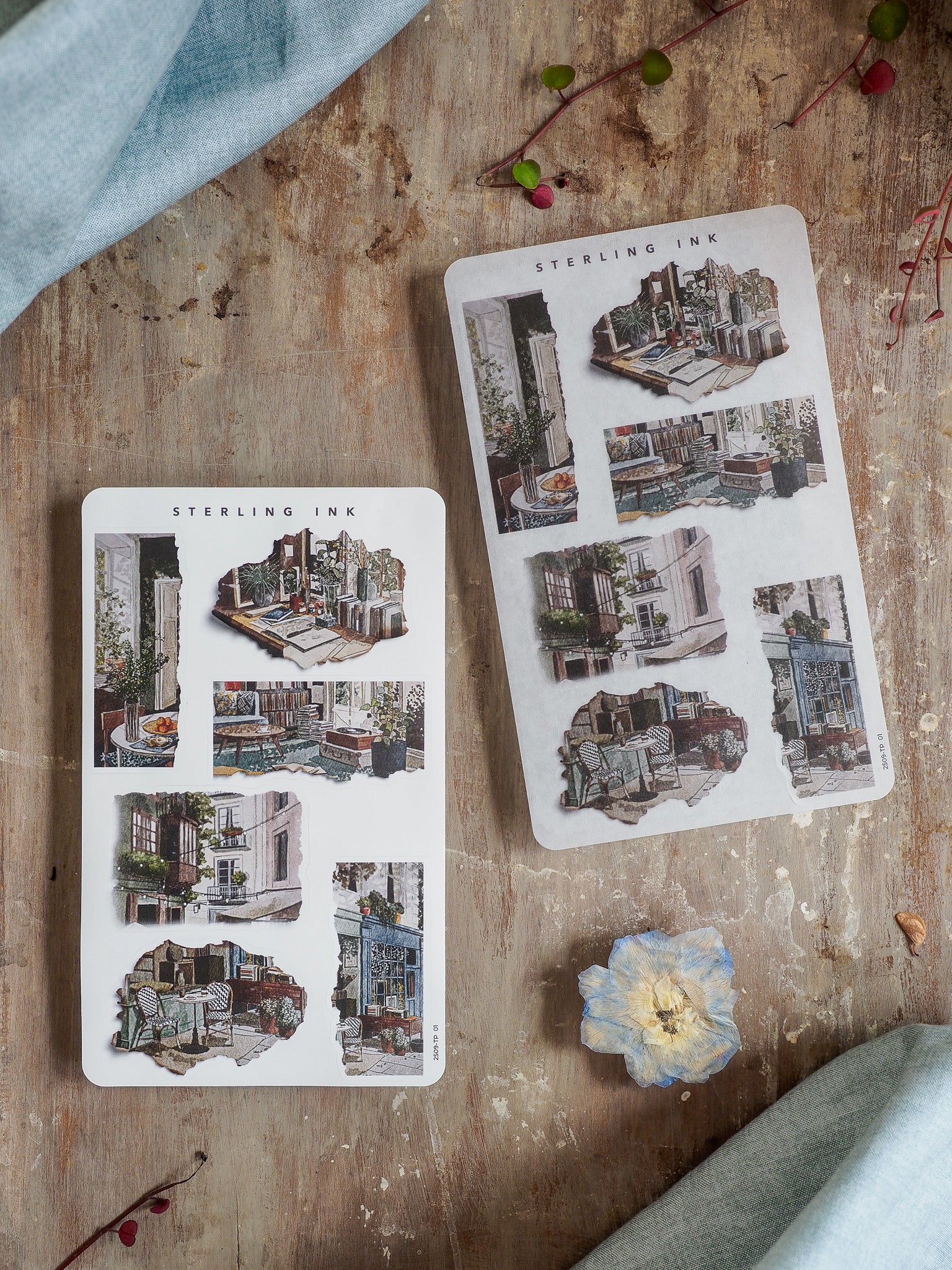 Vintage sticker set featuring detailed torn paper architectural sketches and black-and-white renderings of historic city streets and buildings.