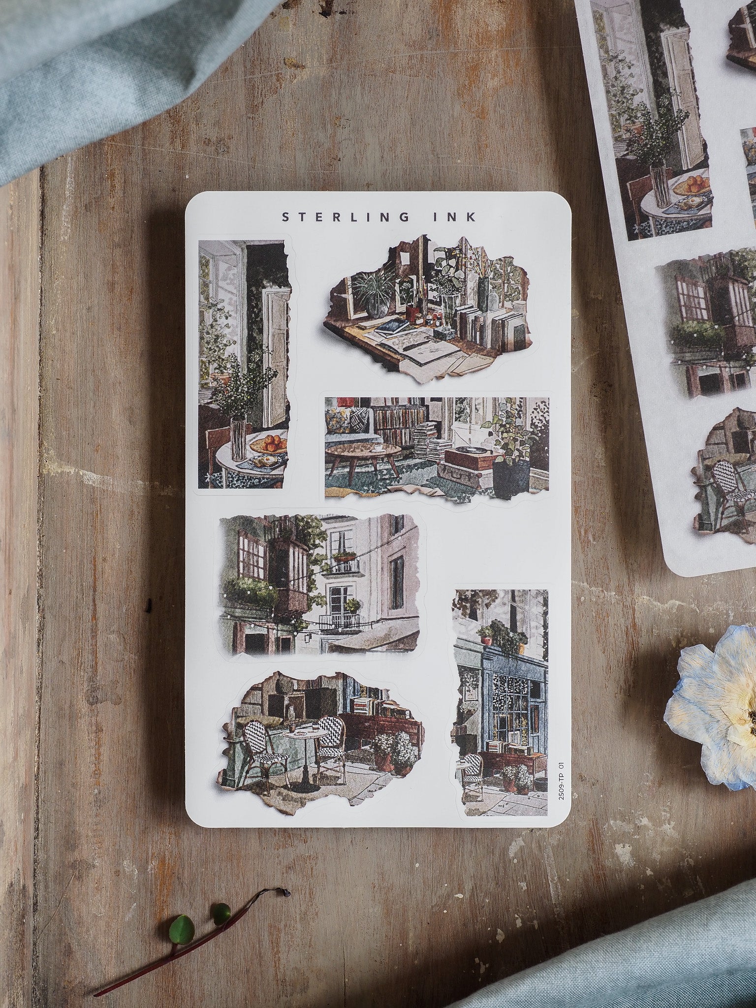 Set of white torn paper stickers featuring nostalgic, detailed illustrations of European street scenes, historic buildings, and charming outdoor café settings.