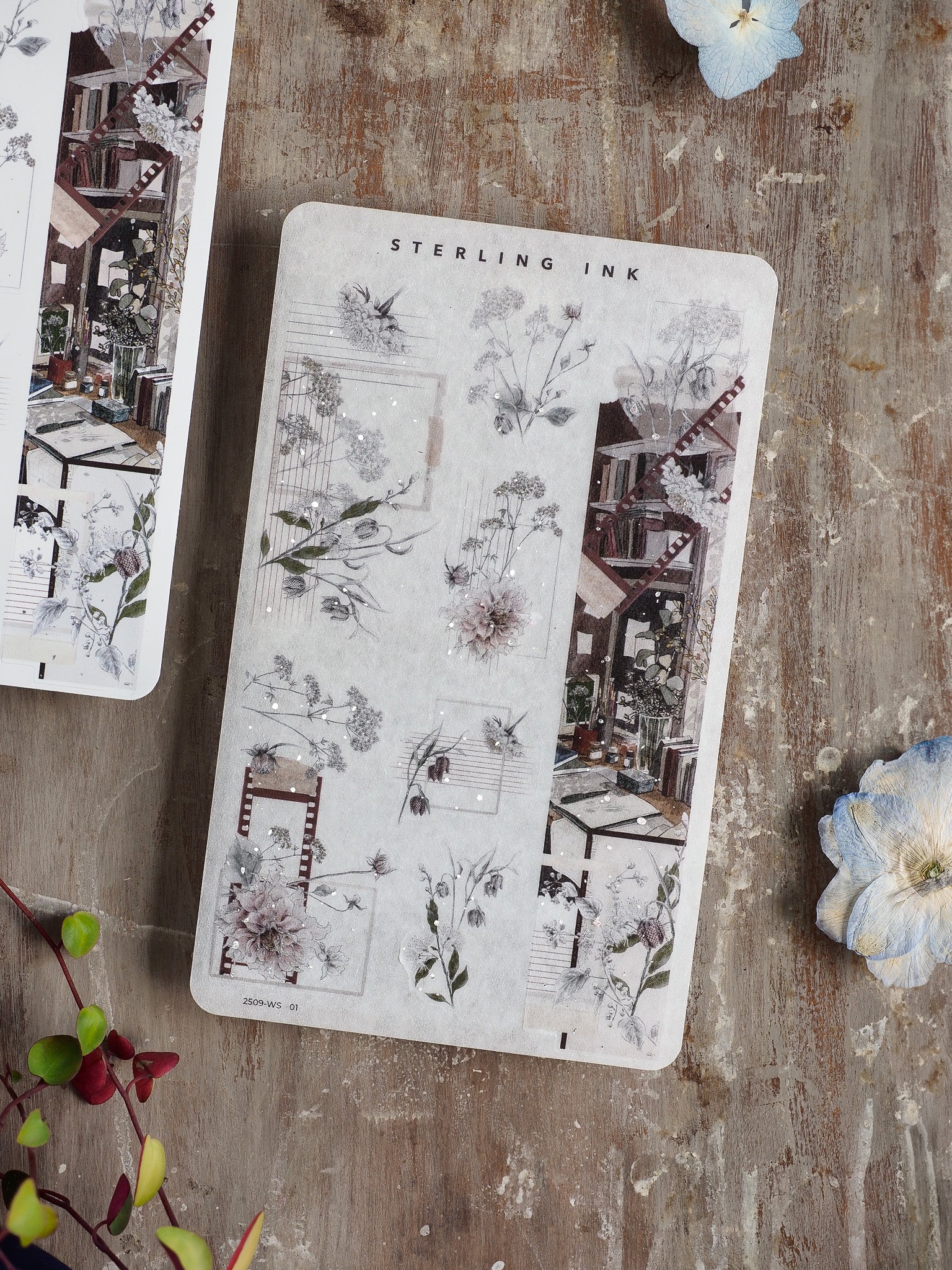Botanical and architectural washi sticker sheet featuring detailed sepia-toned sketches of flowering plants and European-style alleyways for scrapbooking.