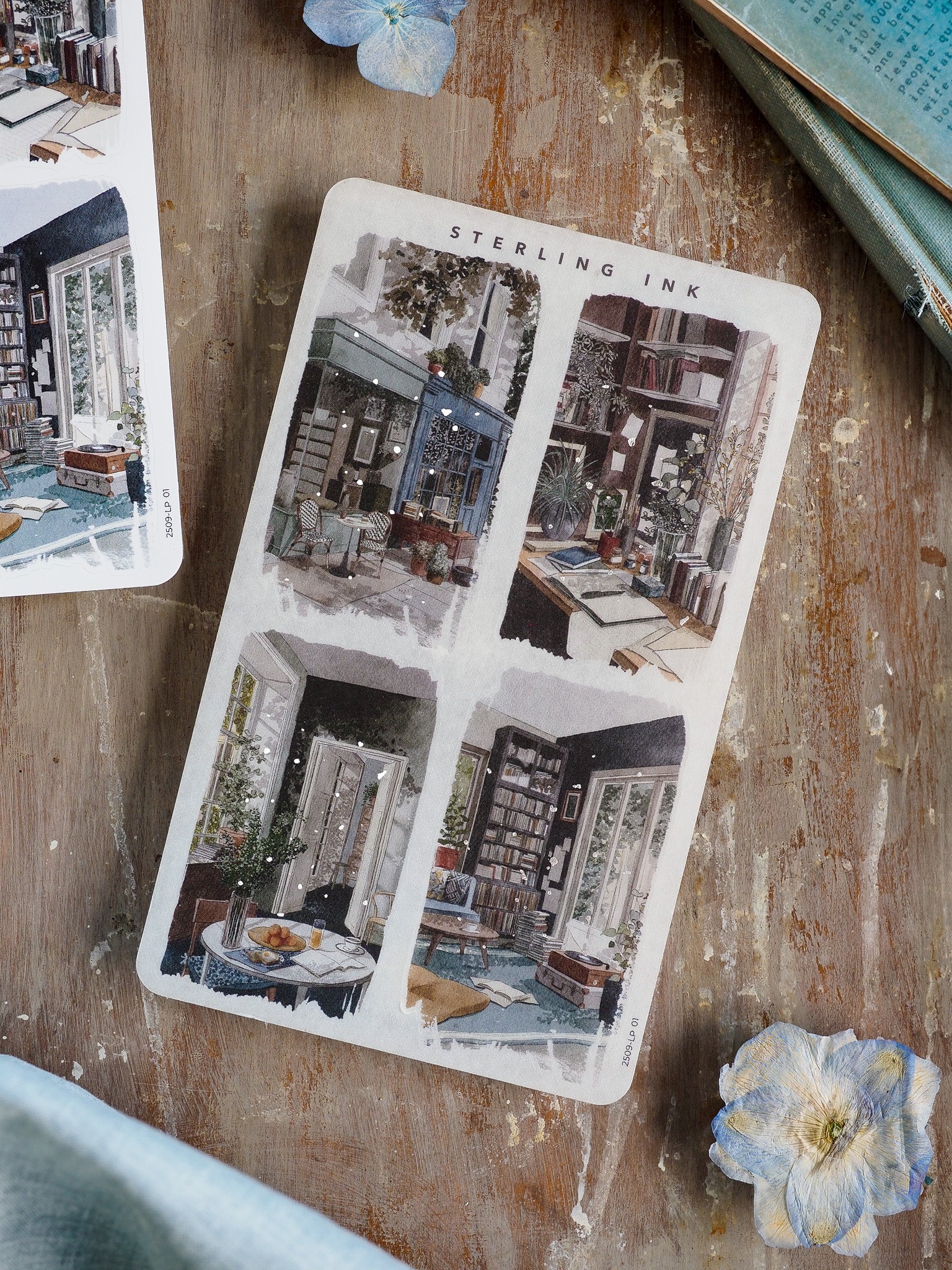 Large illustration sticker sheet featuring detailed, cozy, and vintage architectural scenes of storefronts, interiors, and domestic vignettes.