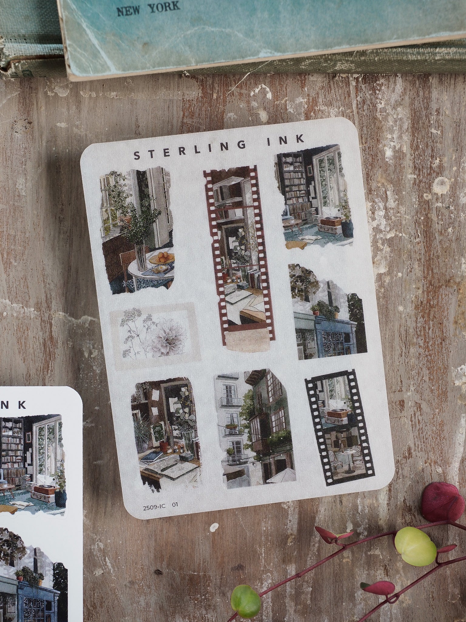 Mini sticker sheet featuring vintage black and white architectural icons of cityscapes, detailed building facades, and urban elements for crafting.