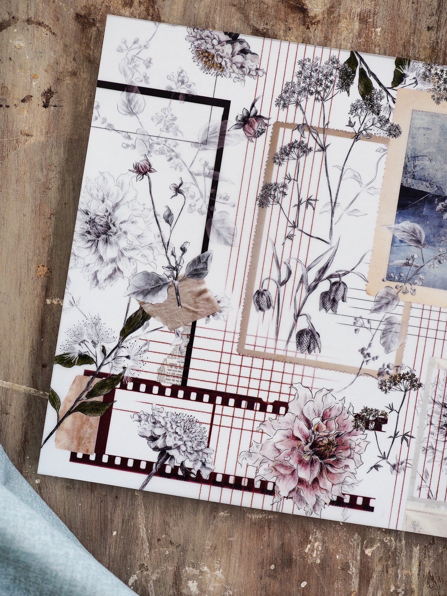 Botanical planner page featuring detailed sepia sketches of peonies and varied wildflowers, complemented by vintage photo strips and decorative grid layouts.