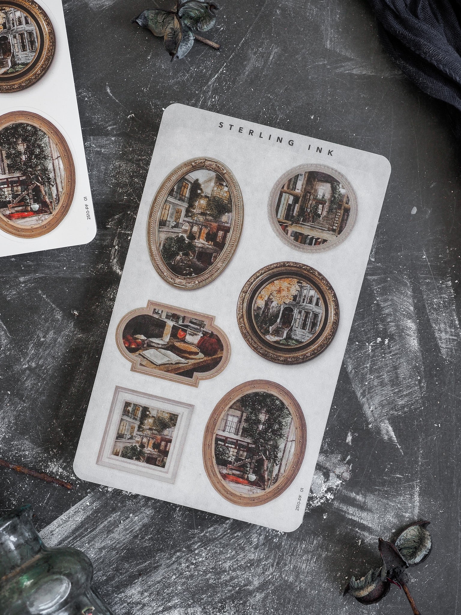Curated collection of vintage, sepia-toned sticker frames showcasing detailed, antique cityscapes and rustic vignettes ideal for autumnal journaling and scrapbooking.