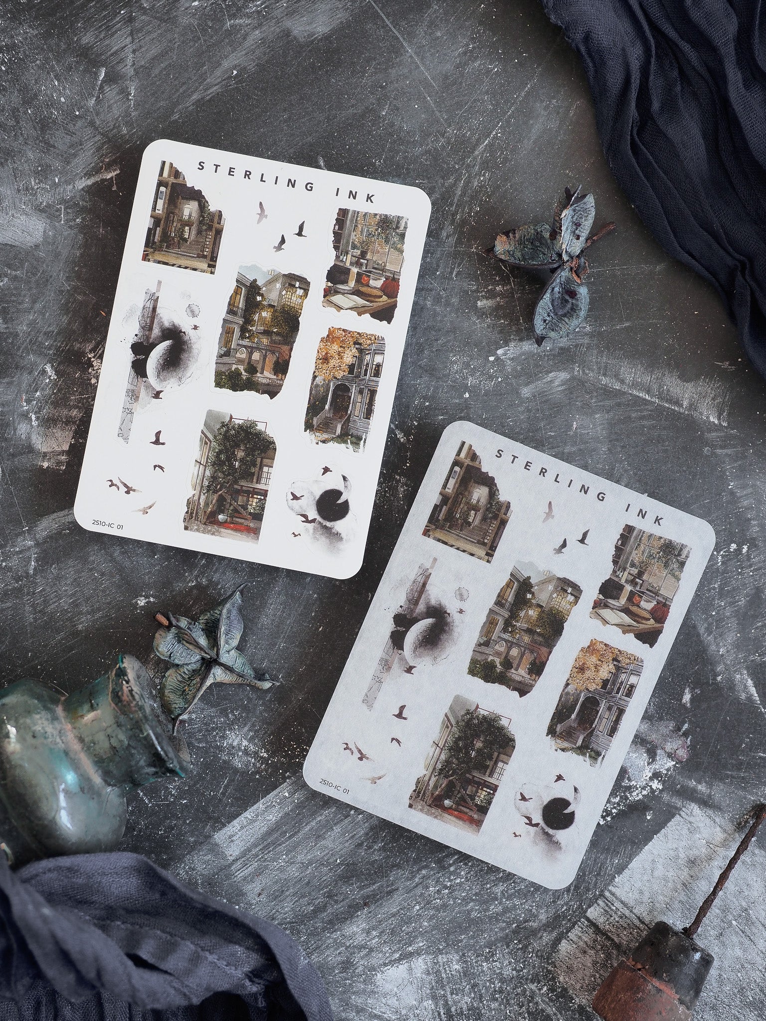 Sticker sheets featuring mini architectural elements and vintage icons, including detailed images of rustic windows, doors, and historical building sections.