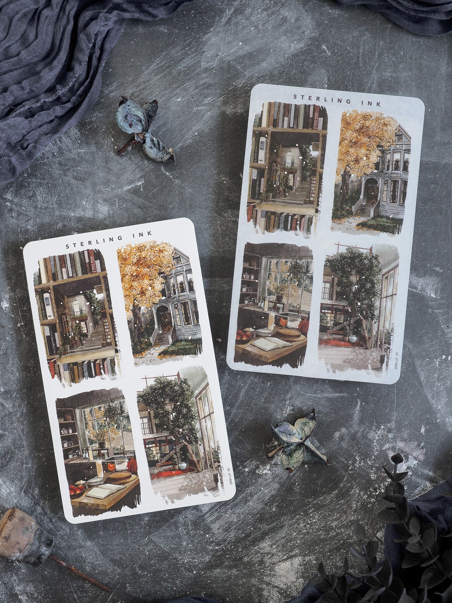 Large sticker set featuring autumnal illustrations of cozy libraries, rustic bookstores, and warm fall-toned interior scenes.