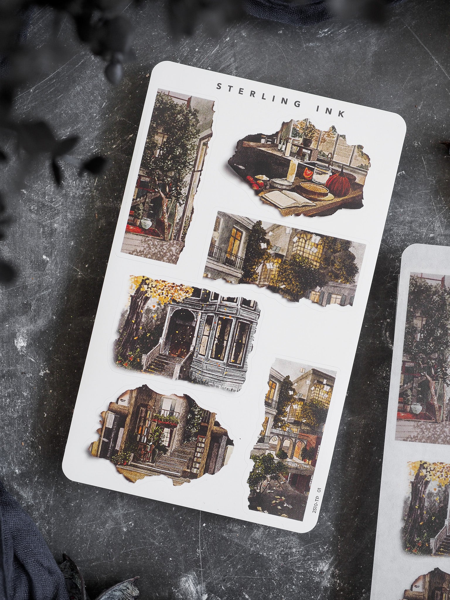 Sheet of distressed, vintage-style stickers showcasing charming autumnal street scenes and decaying European architecture with ivy and vines.