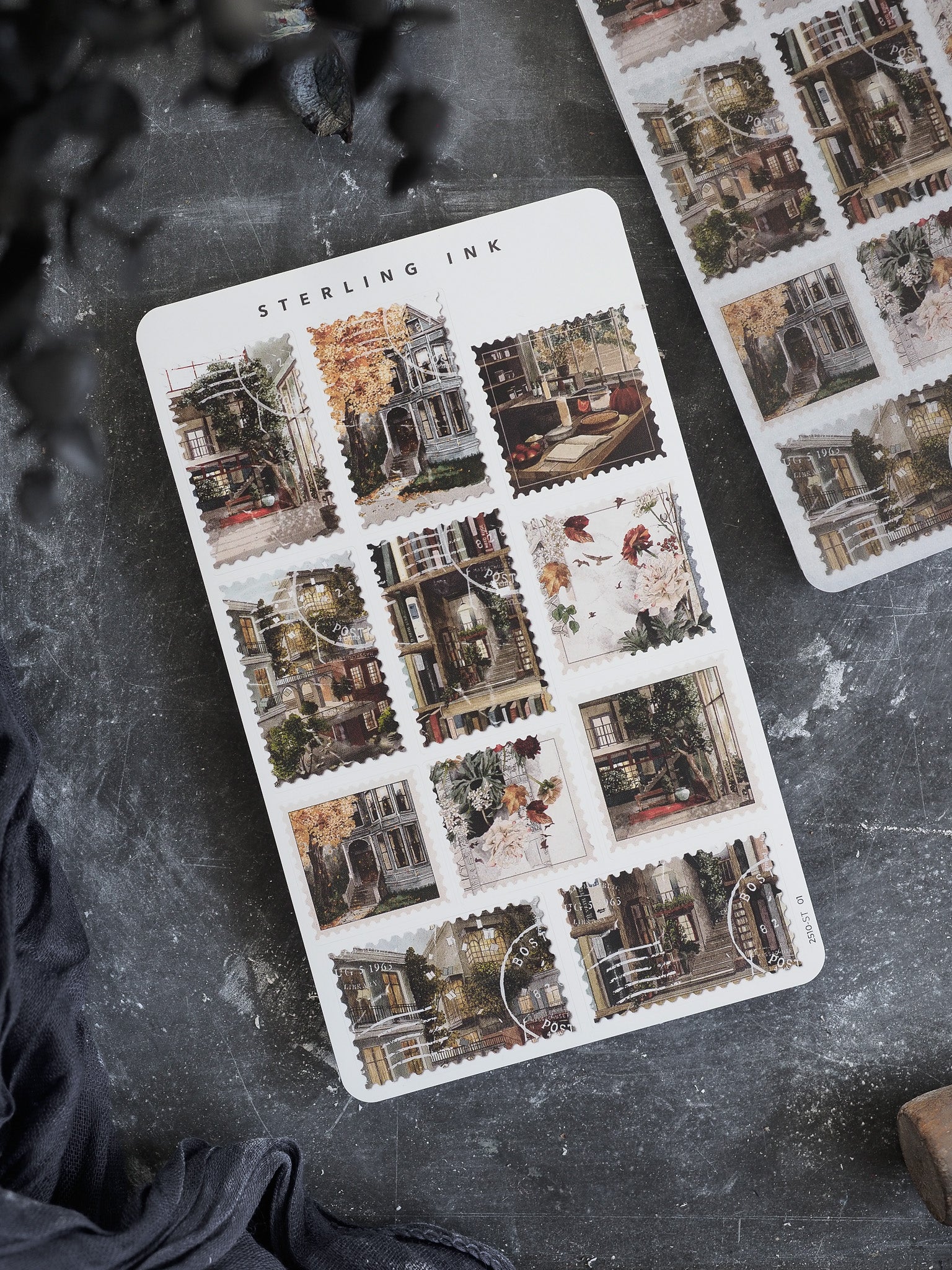 Vintage sticker sheet featuring a collage of faded, sepia-toned architectural photographs depicting historic urban buildings and detailed European streetscapes.