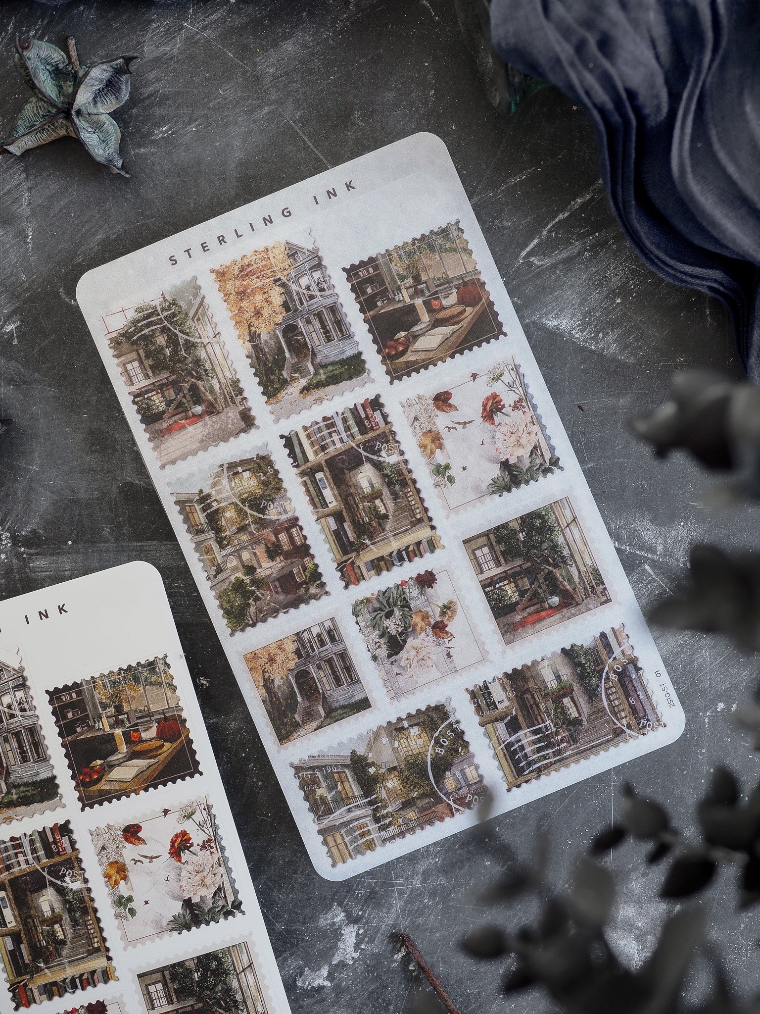 A clustered design of vintage stickers featuring detailed, autumnal scenes of spooky gothic architecture and rustic fall-themed illustrations.