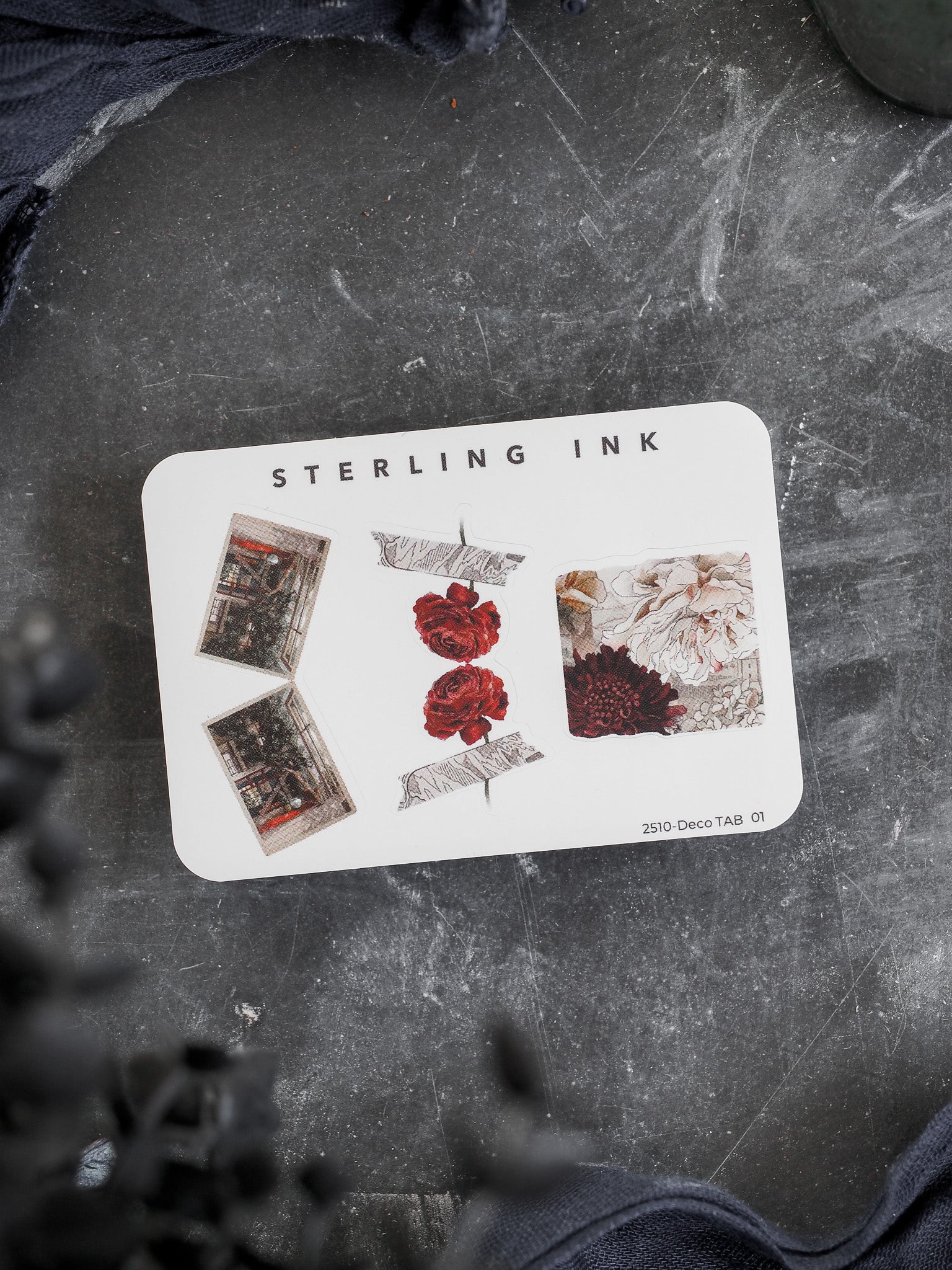 Autumnal deco tabs featuring rich motifs of deep red roses, vintage textures, and muted autumnal florals perfect for enhancing planners and journaling.