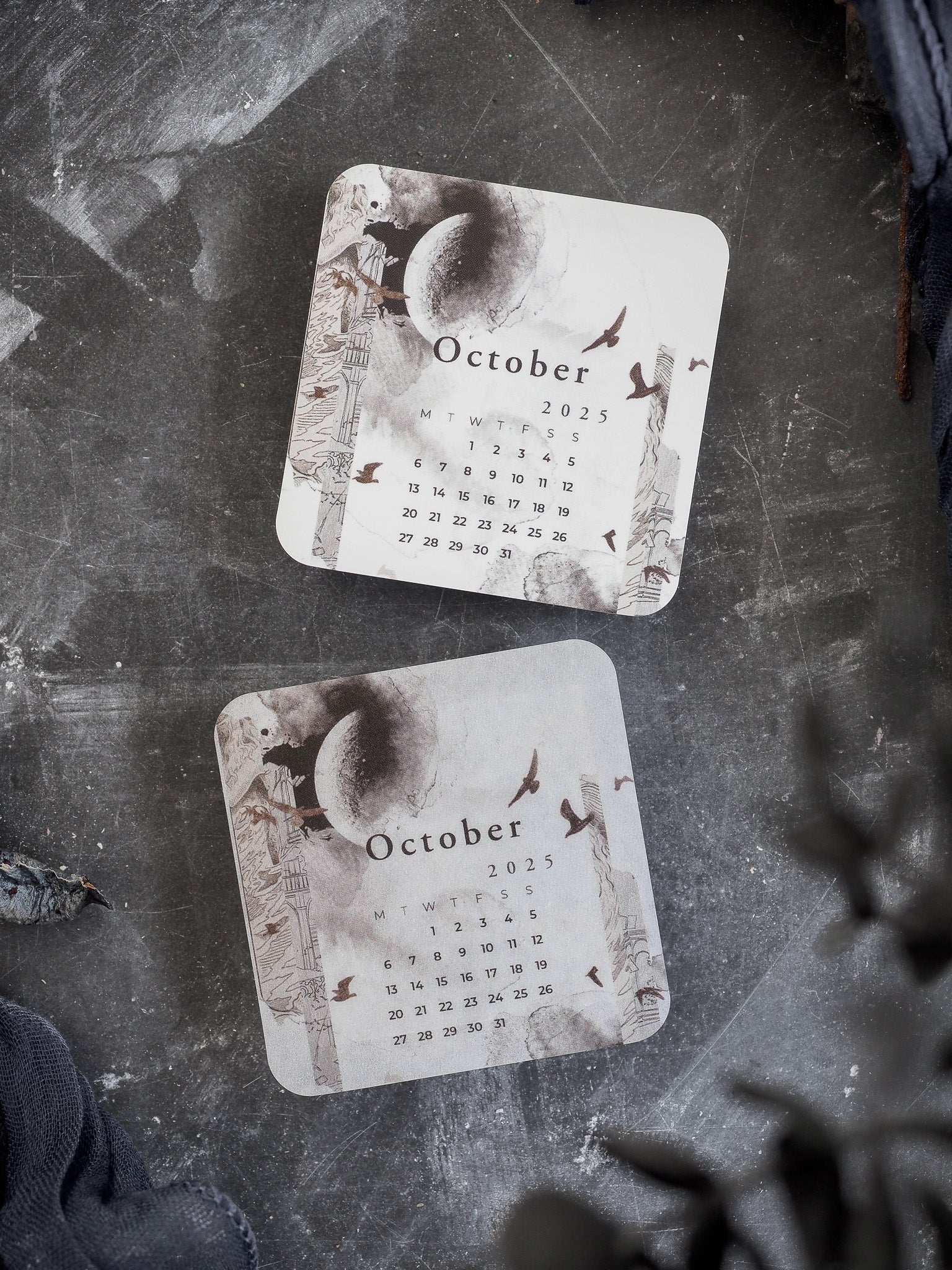 Autumn-themed October 2025 monthly calendar template, featuring rustic illustrations of pumpkins, falling leaves, and birds for seasonal planning and scheduling.