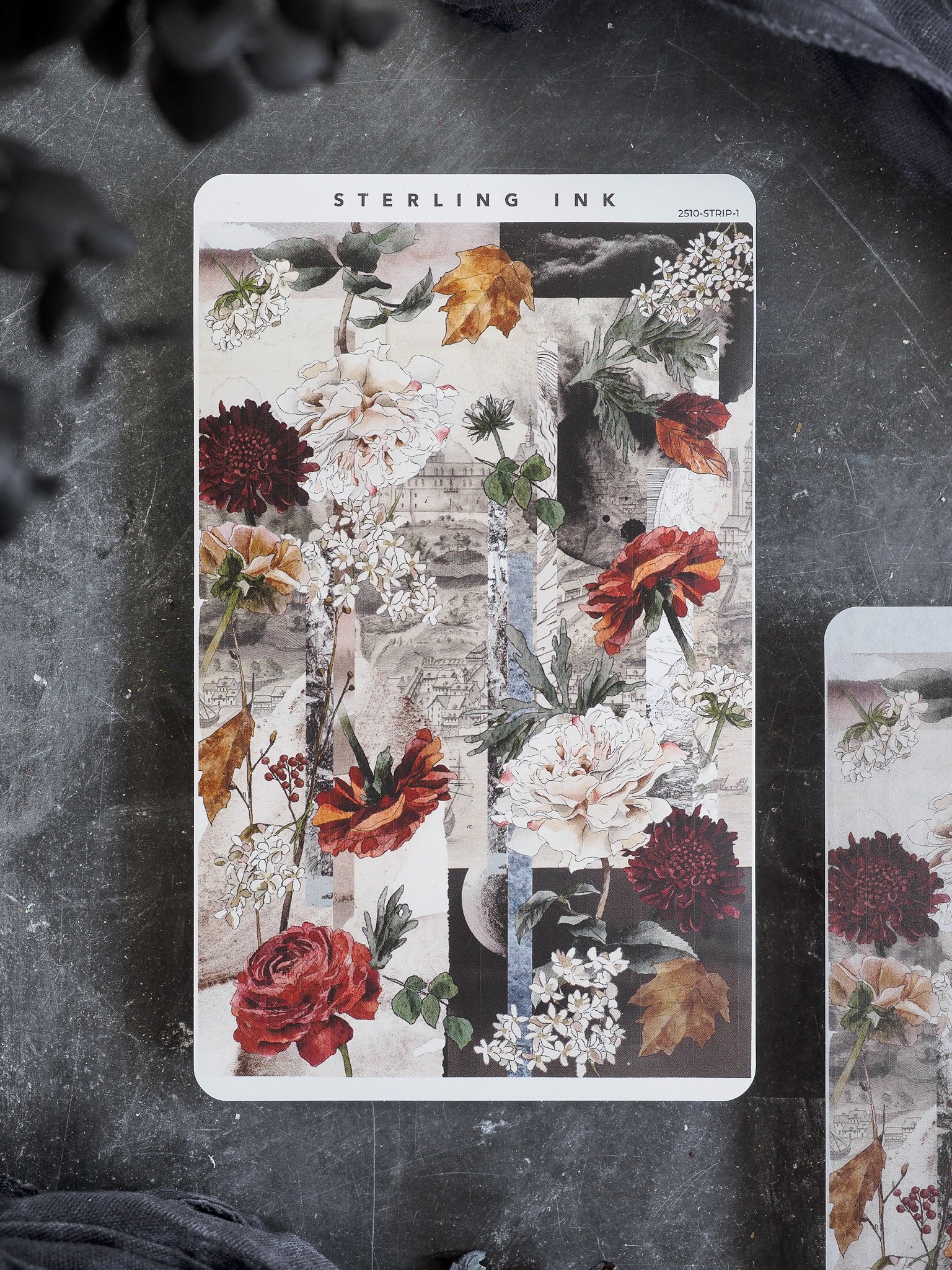 Seasonal sticker strip featuring a rich, vintage illustration of autumn florals, including deep red roses, chrysanthemums, and warm fall foliage.