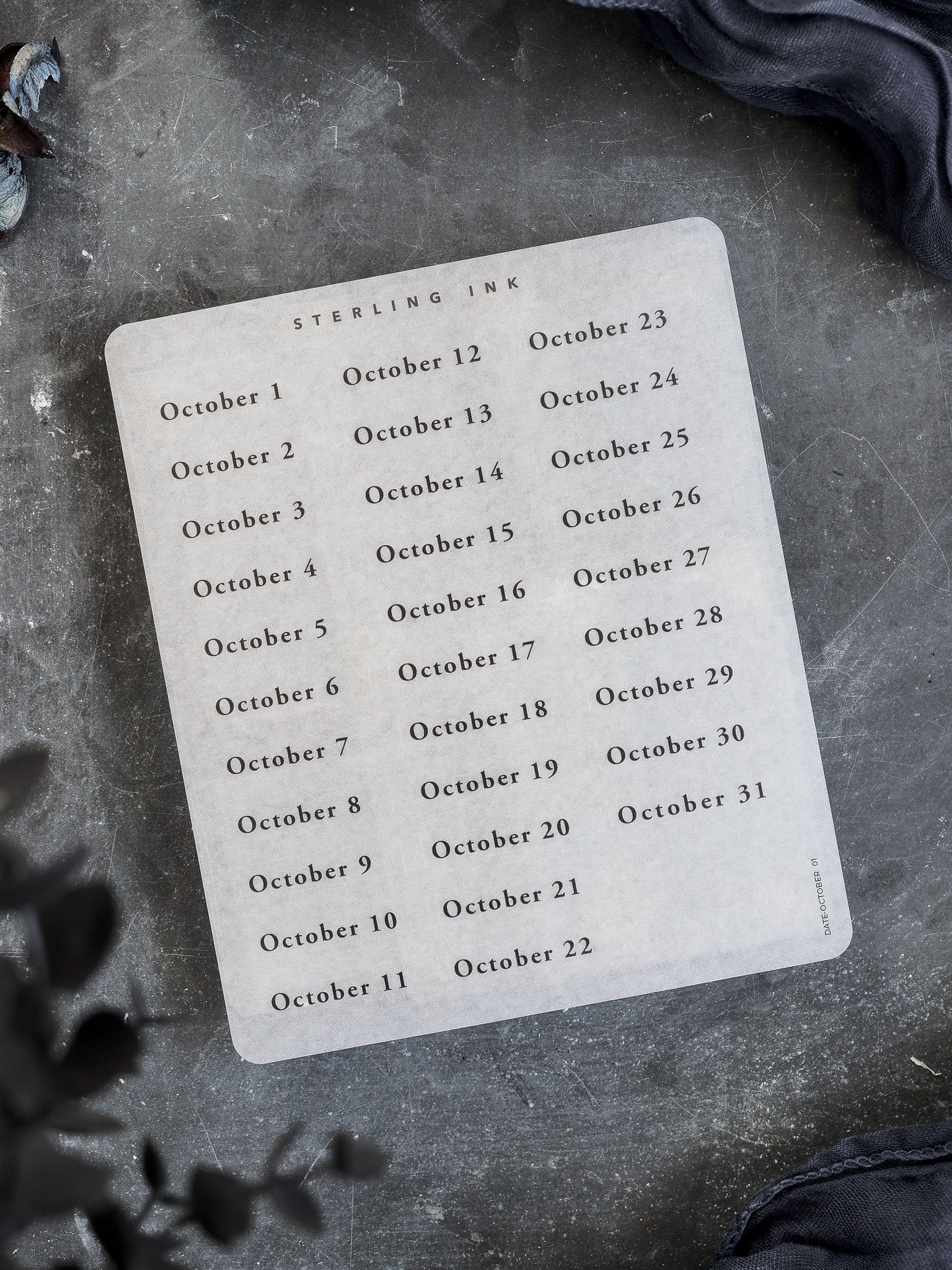 Detailed October 2025 sticker sheet displaying dates one through thirty-one on a clean white background, perfect for annual planners and journaling.