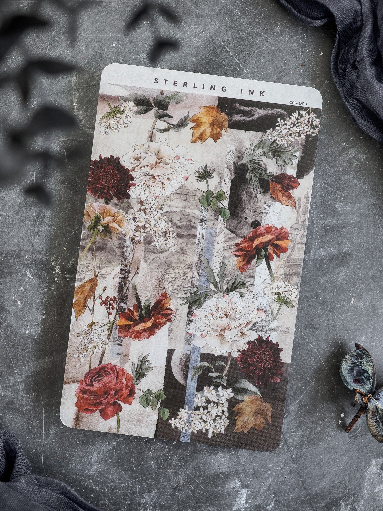 Autumn-themed decorative sheet featuring a rich arrangement of lush peonies, burnt orange, deep red, and cream flowers on a vintage, rustic background.