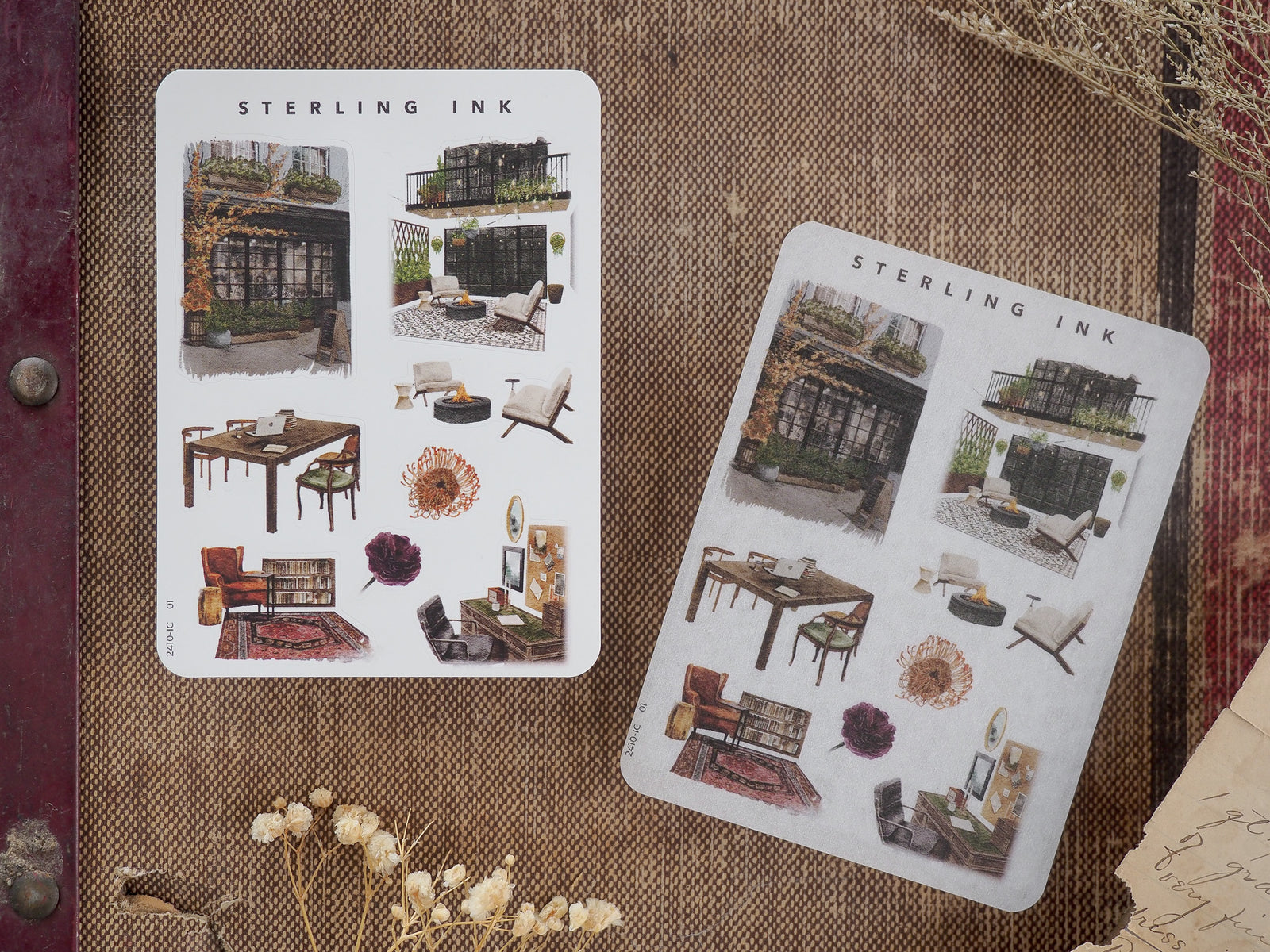 Mini Elements Icon Stickers featuring detailed, sepia-toned illustrations of interior design elements, including balconies, furniture, and decorative room layouts.