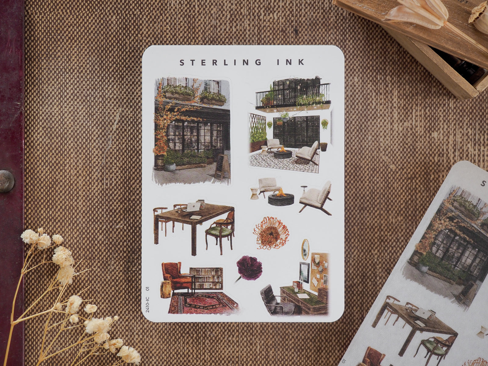 Mini Elements Icon Stickers feature black ink illustrations of cozy home décor, including miniature furniture, potted plants, and architectural vignettes for decorating planners and journals.
