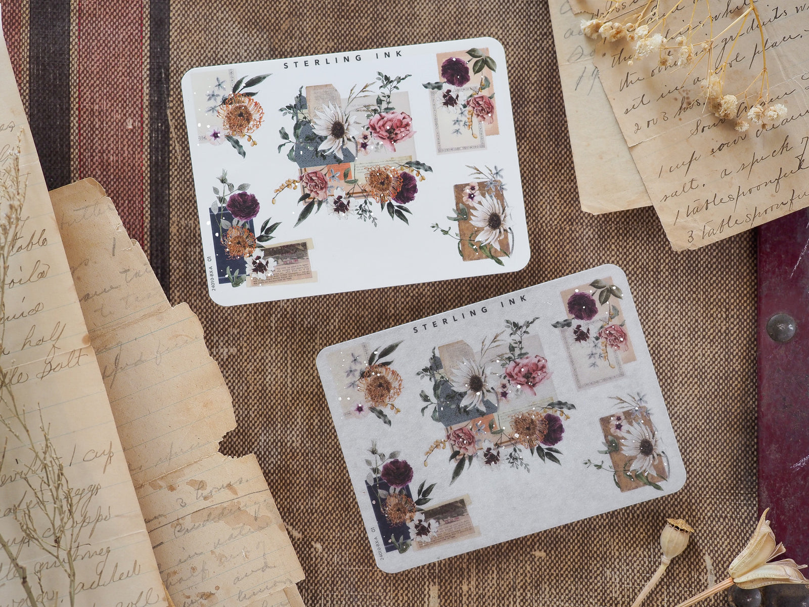 Sheets of decorative vinyl stickers featuring rich watercolor bouquets of peonies, roses, and greenery in muted pink, cream, and deep red tones.